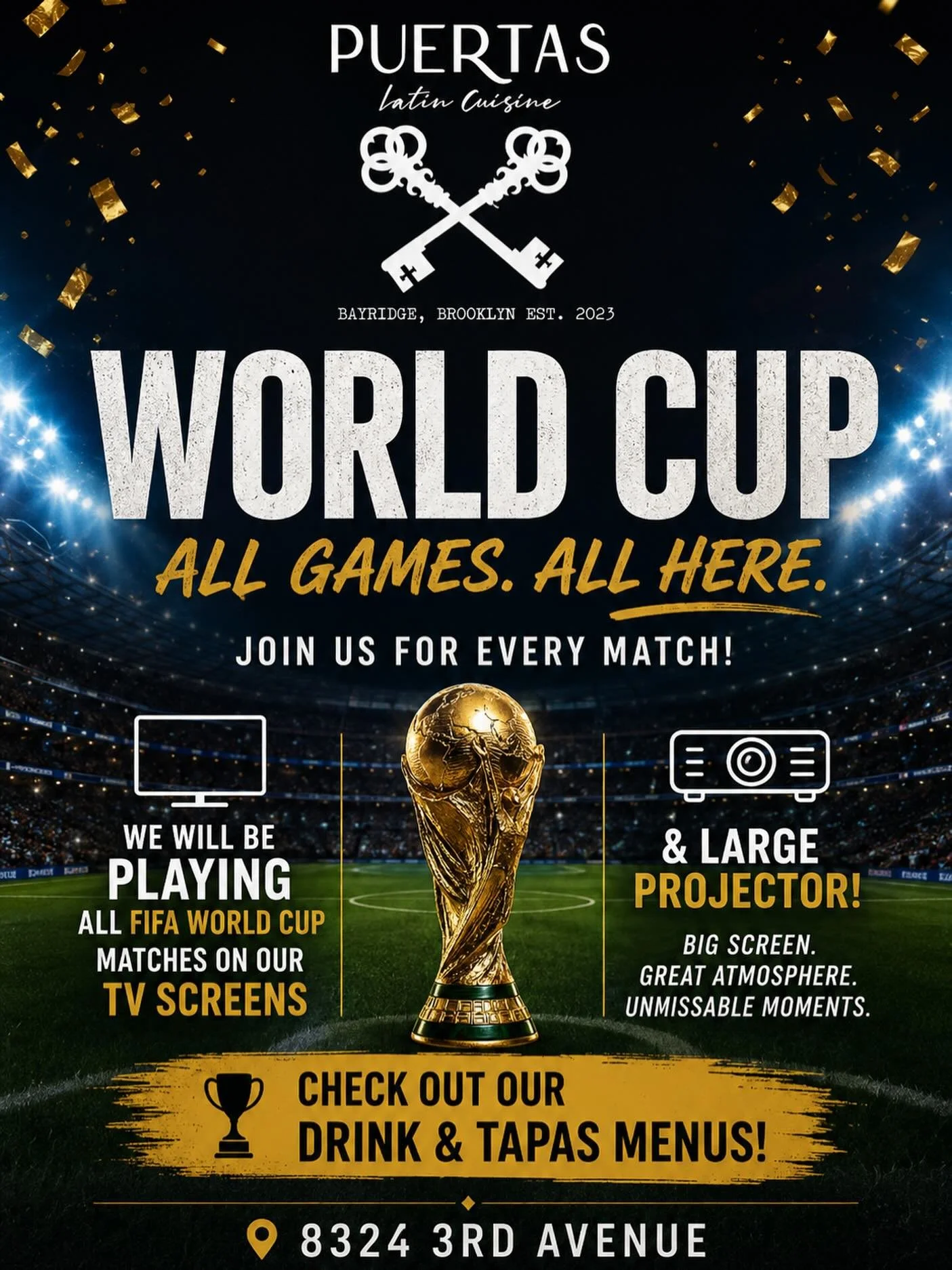 ⚽🌎 The FIFA World Cup kicks off at 3PM TODAY!

Catch every match at Puertas on our TV screens and large projector. No matter who you&rsquo;re rooting for, we&rsquo;ve got your seat ready! 

🍸 Signature cocktails
🍻 Ice-cold drinks
🥘 Full tapas men