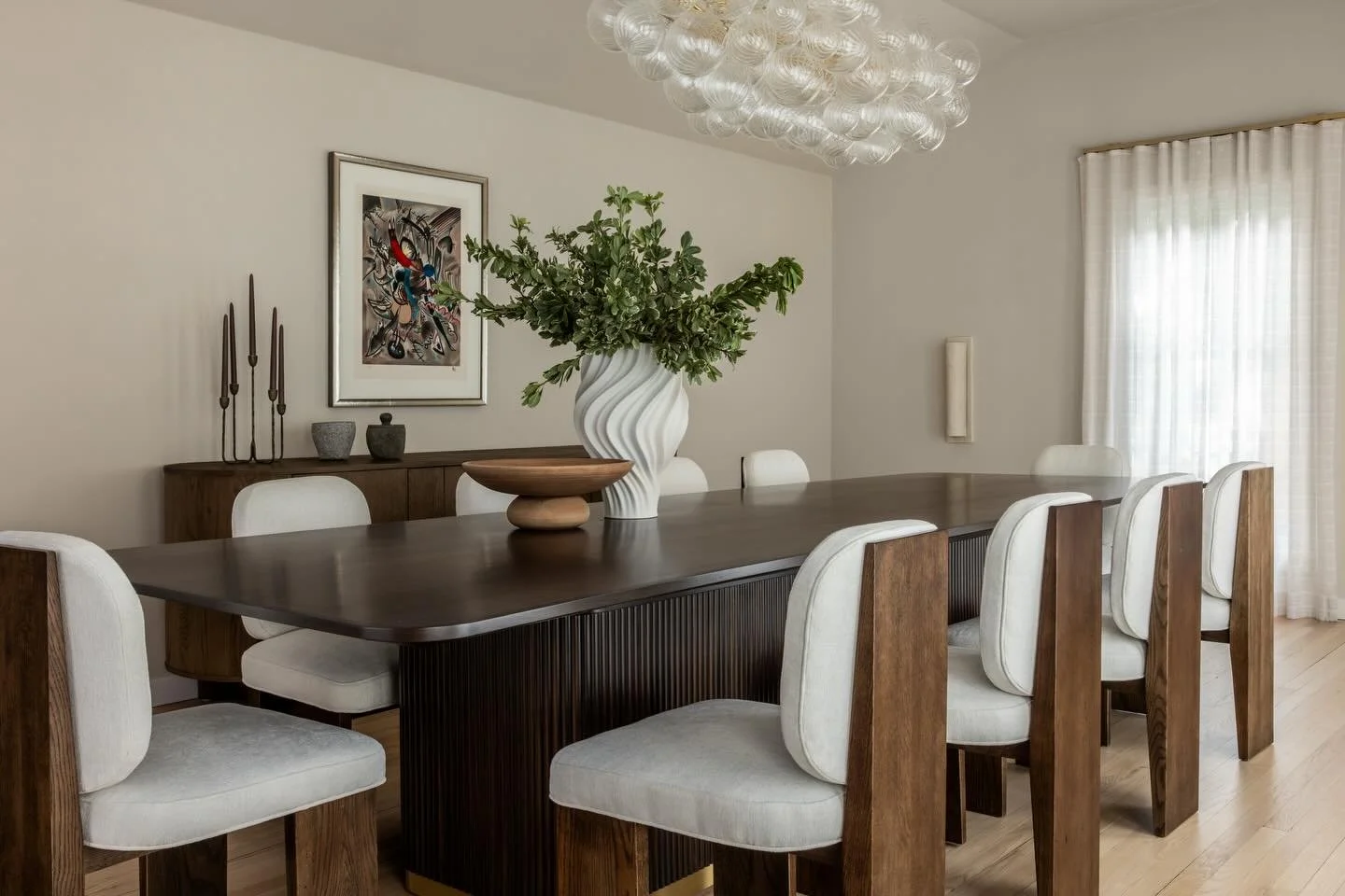 Grand in scale yet warm in feeling, this dining room was designed with hosting in mind. From the start, our vision was a space that could comfortably accommodate many while still feeling inviting and elevated. With the holiday season here, it&rsquo;s