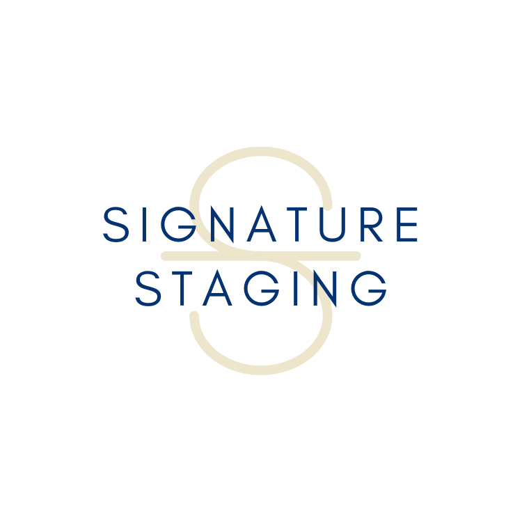 Logo for Signature Staging featuring a stylized gold number three intertwined with the company name in blue.