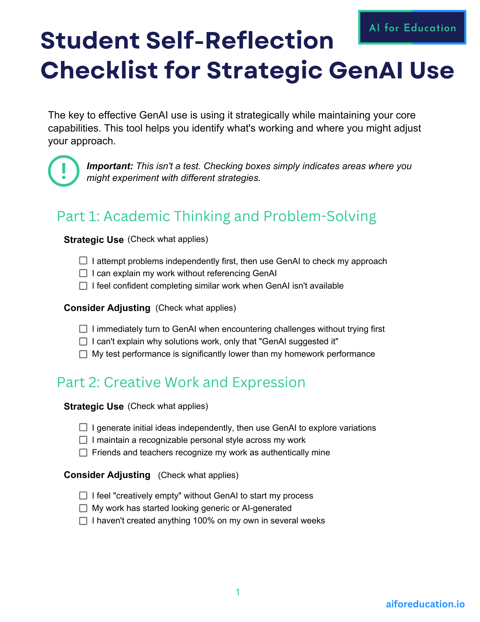 Student Self-Reflection Checklist for Strategic GenAI Use