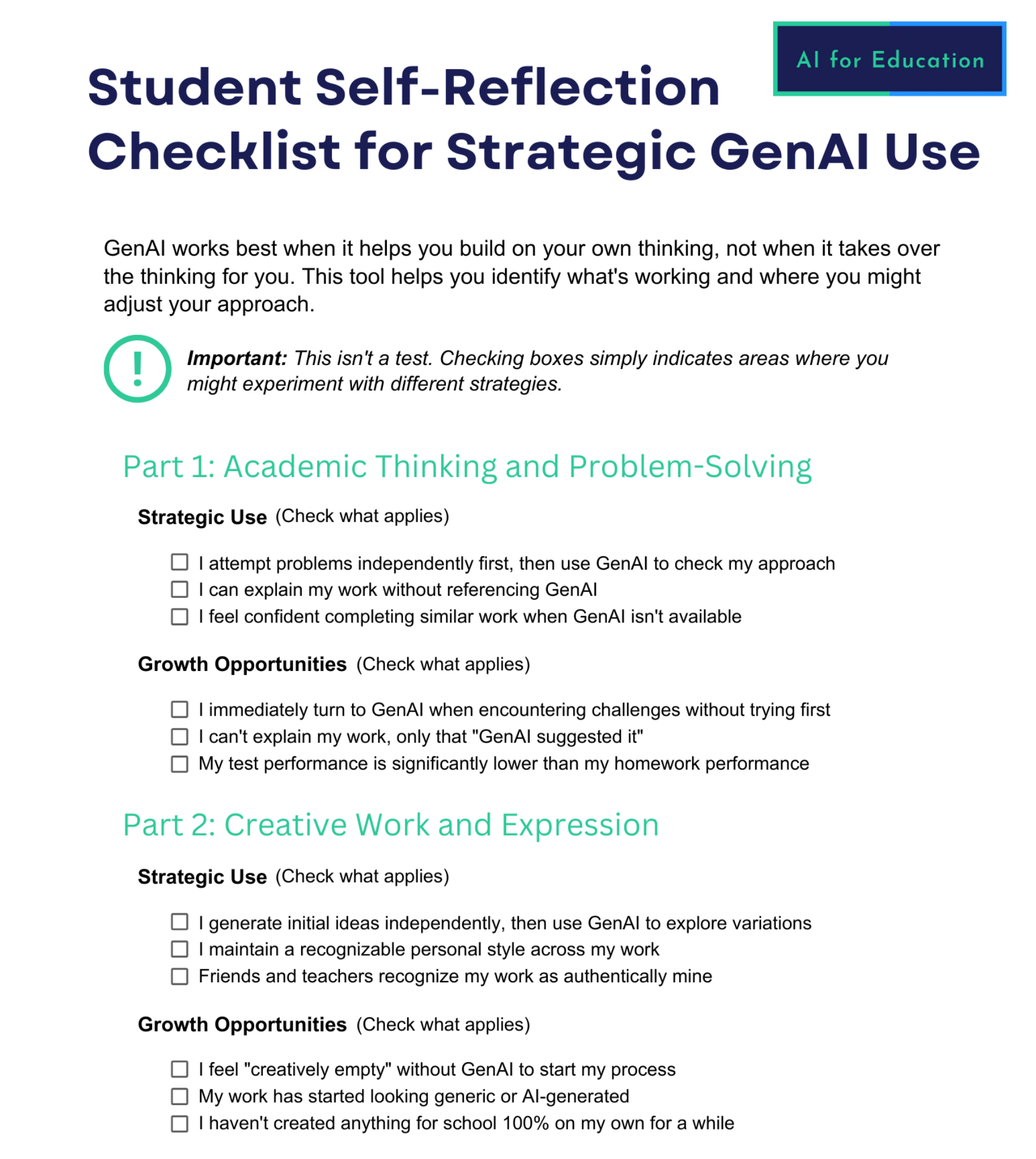 Student Self-Reflection Checklist for Strategic GenAI Use