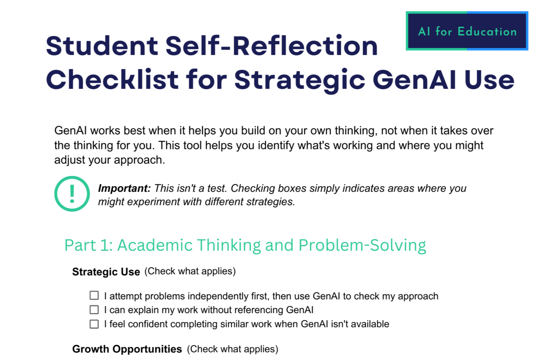 Student Self-Reflection Checklist for Strategic GenAI Use