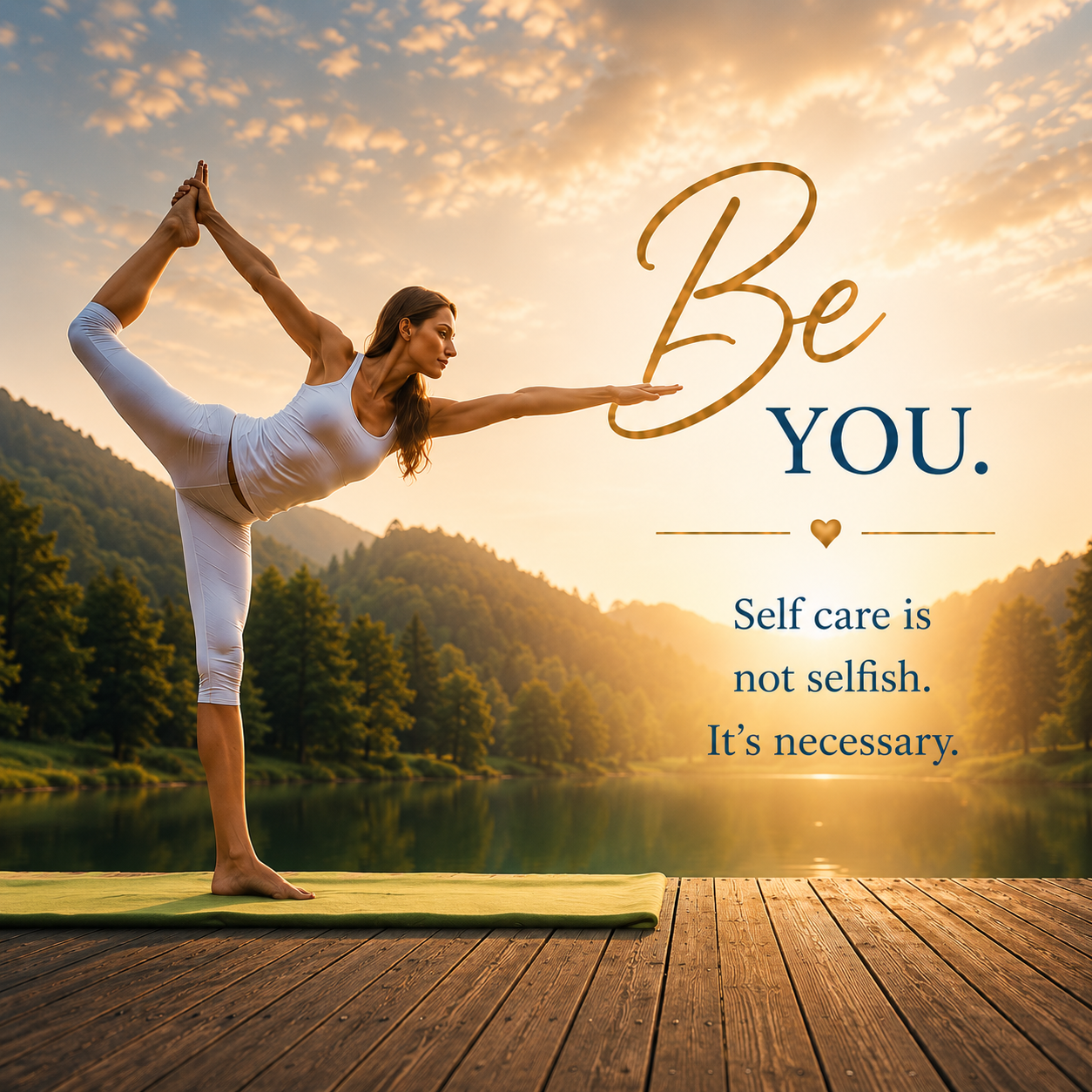 A woman practicing yoga outdoors on a wooden deck during sunset, with mountains and a lake in the background, performing a standing bow pose. Overlaid text reads, "Be You. Self care is not selfish. It’s necessary."