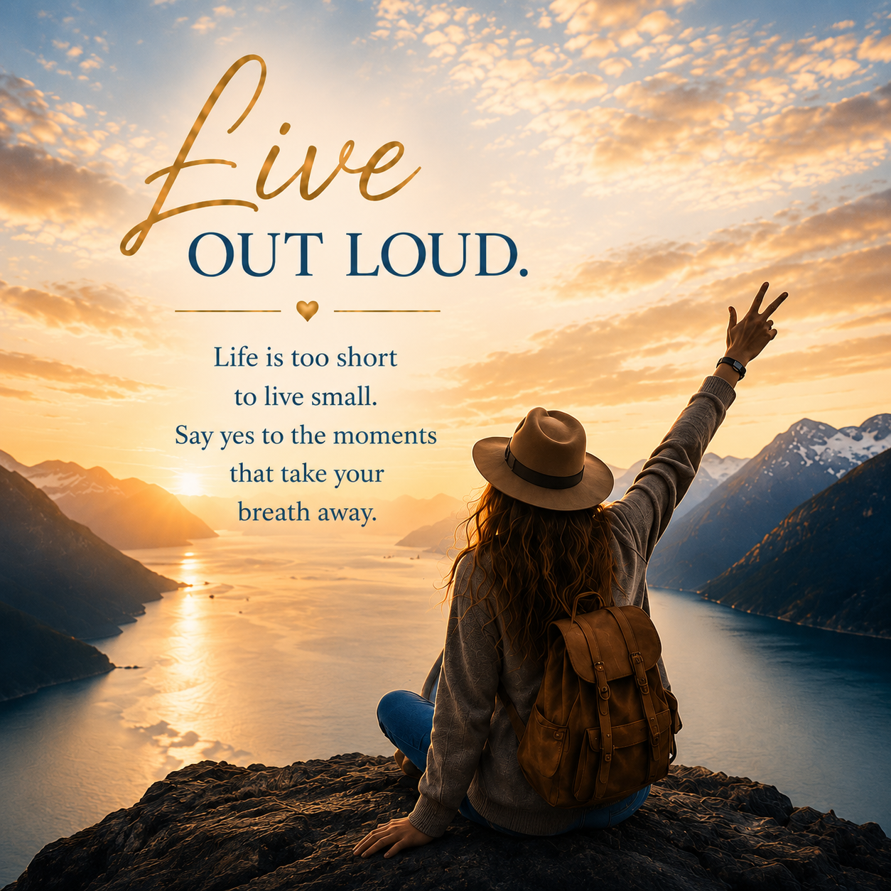 A woman wearing a hat and backpack sitting on a rocky ledge, raising her hand in a peace sign, overlooking a scenic river and mountain landscape during sunset with an inspirational quote about living life loudly.