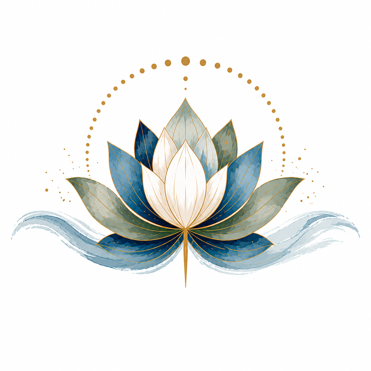 Stylized watercolor lotus flower with blue and gold accents, surrounded by water waves and dotted geometric patterns.