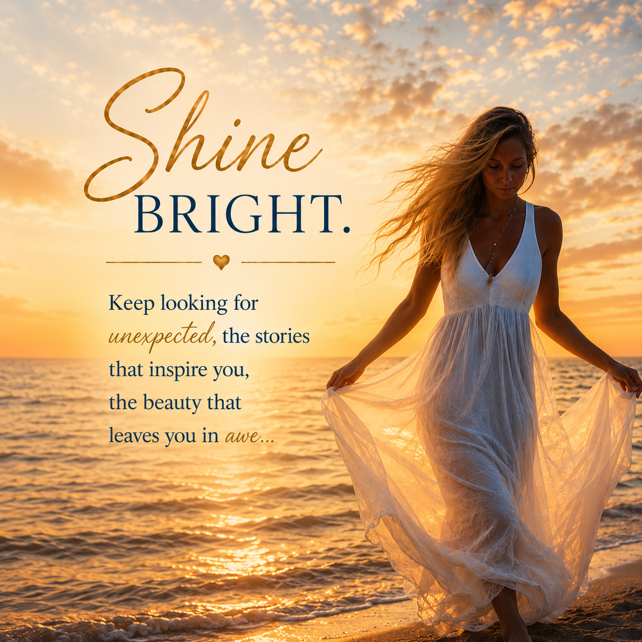 A woman in a white dress holding the fabric, walking along the beach at sunset with the ocean and colorful sky dimly lit behind her.
