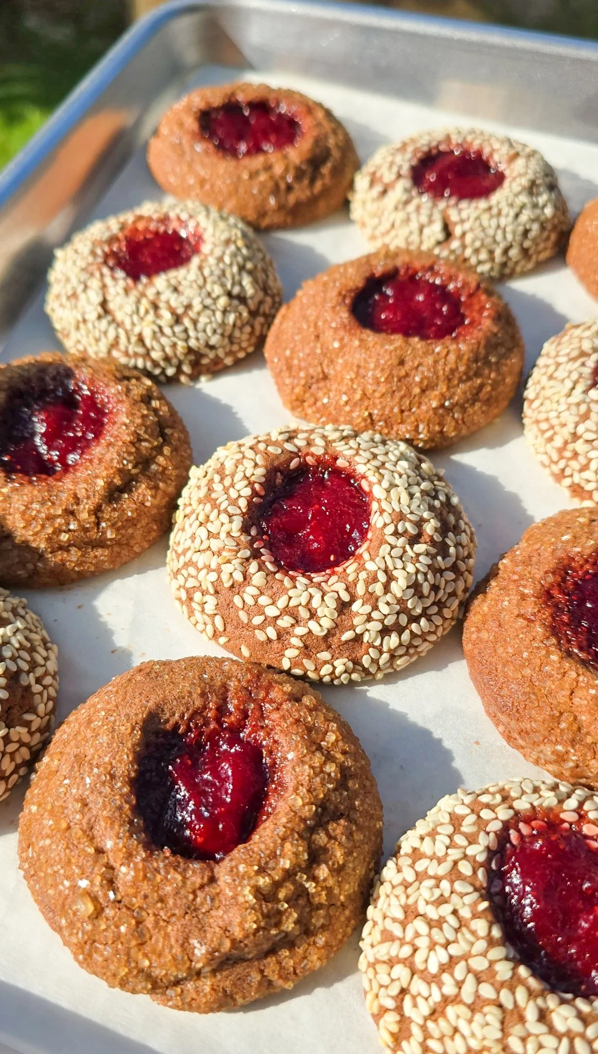 Strawberry & Fennel Jam Chocolate Thumbprint Cookies