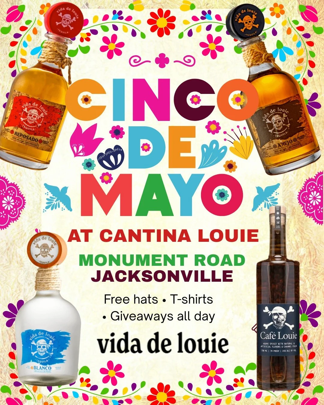 Celebrate Cinco de Mayo the right way at Cantina Louie: Monument Road (Jacksonville)

Join us for a full day and night of:
🥃 vida de louie tequila
☕ Caf&eacute; Louie
🎁 Free hats, T-shirts, and giveaways all afternoon and evening

Great drinks. Gre