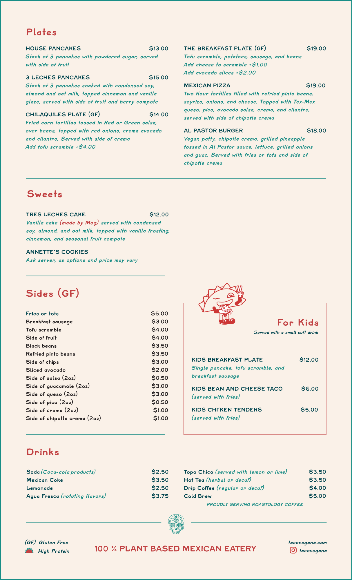 back of Taco Vegana's brunch menu
