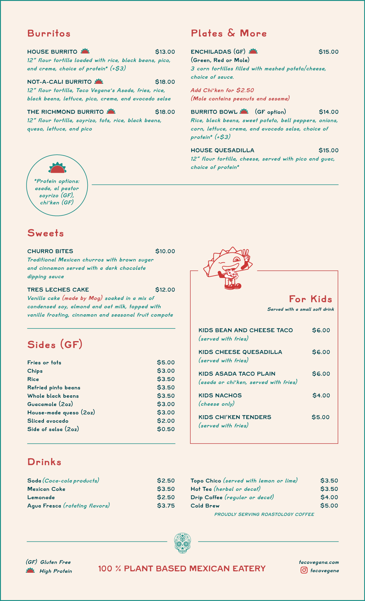 back of Taco Vegana's lunch and dinner menu