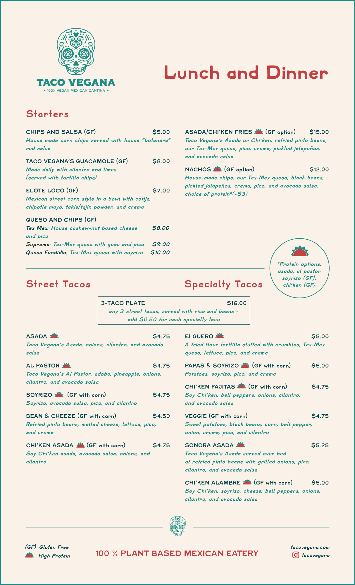 front of Taco Vegana's lunch and dinner menu