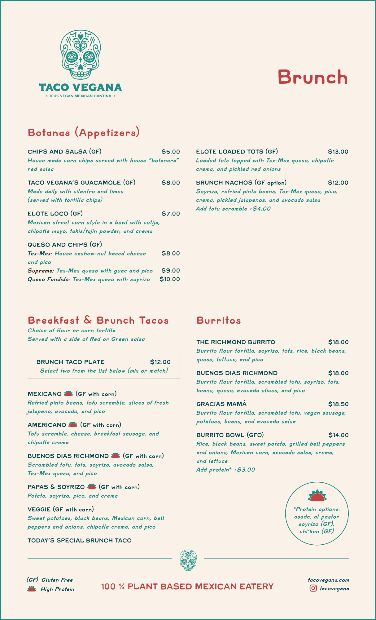 front of Taco Vegana's brunch menu