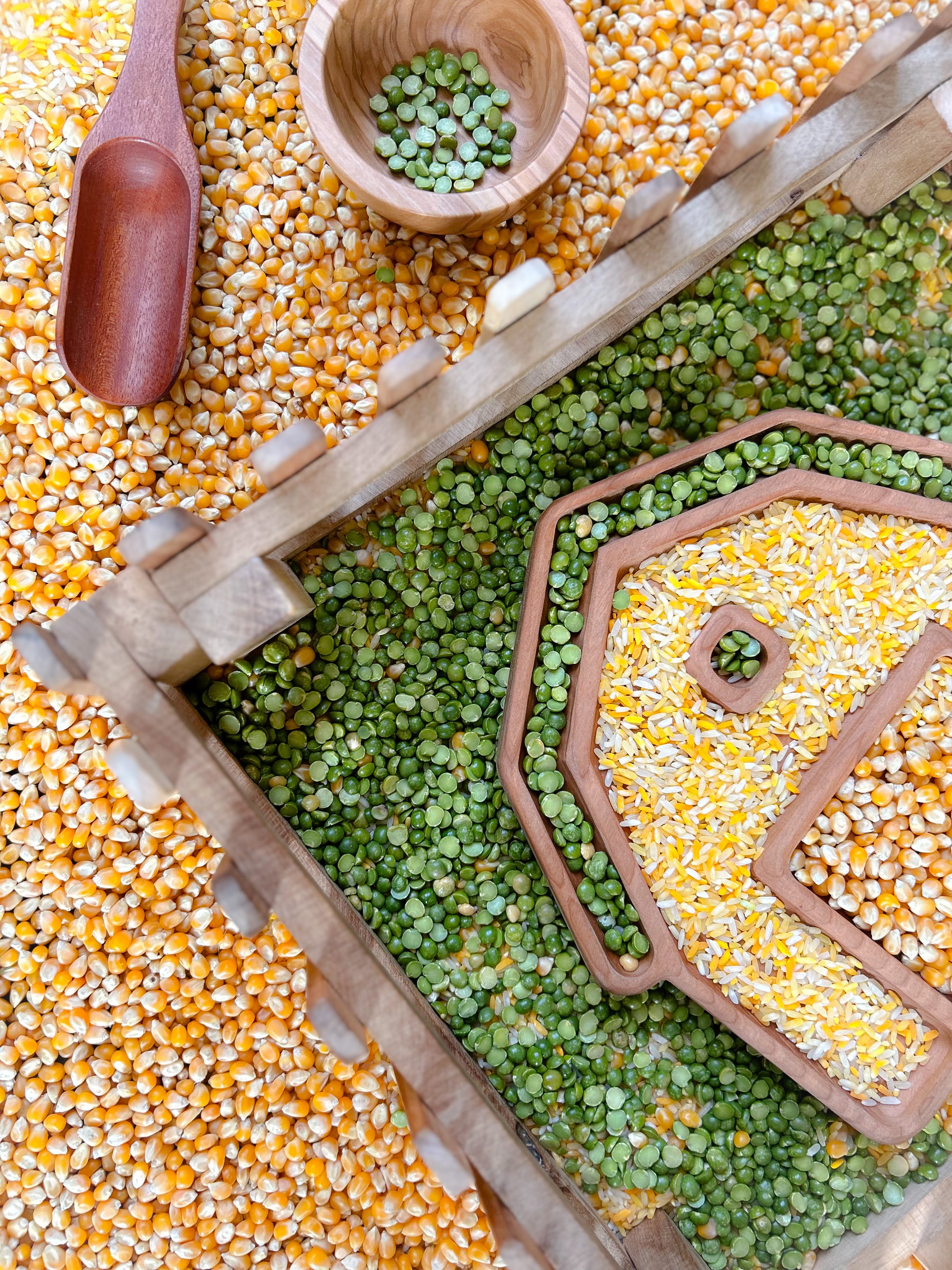 toddlers design mosaics with corn and lentils