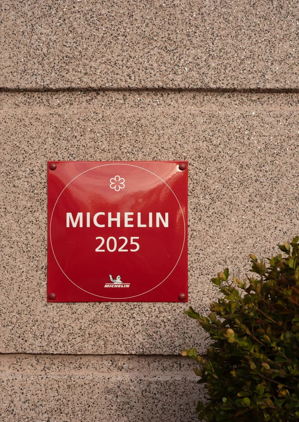 Et rødt Michelin 2025-skilt festet på en mur, med en busk i lilla og grønn farge til høyre.