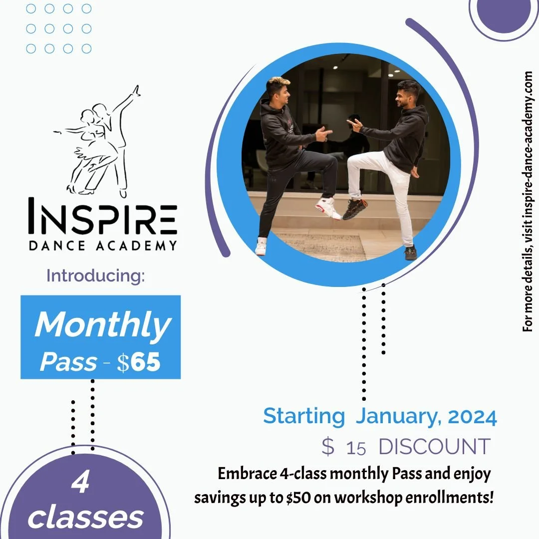 Flyer promoting Inspire Dance Academy's monthly pass for four dance classes, starting January 2024, priced at $65 with a $15 discount, featuring a photo of two young men dancing and exchanging a handshake.