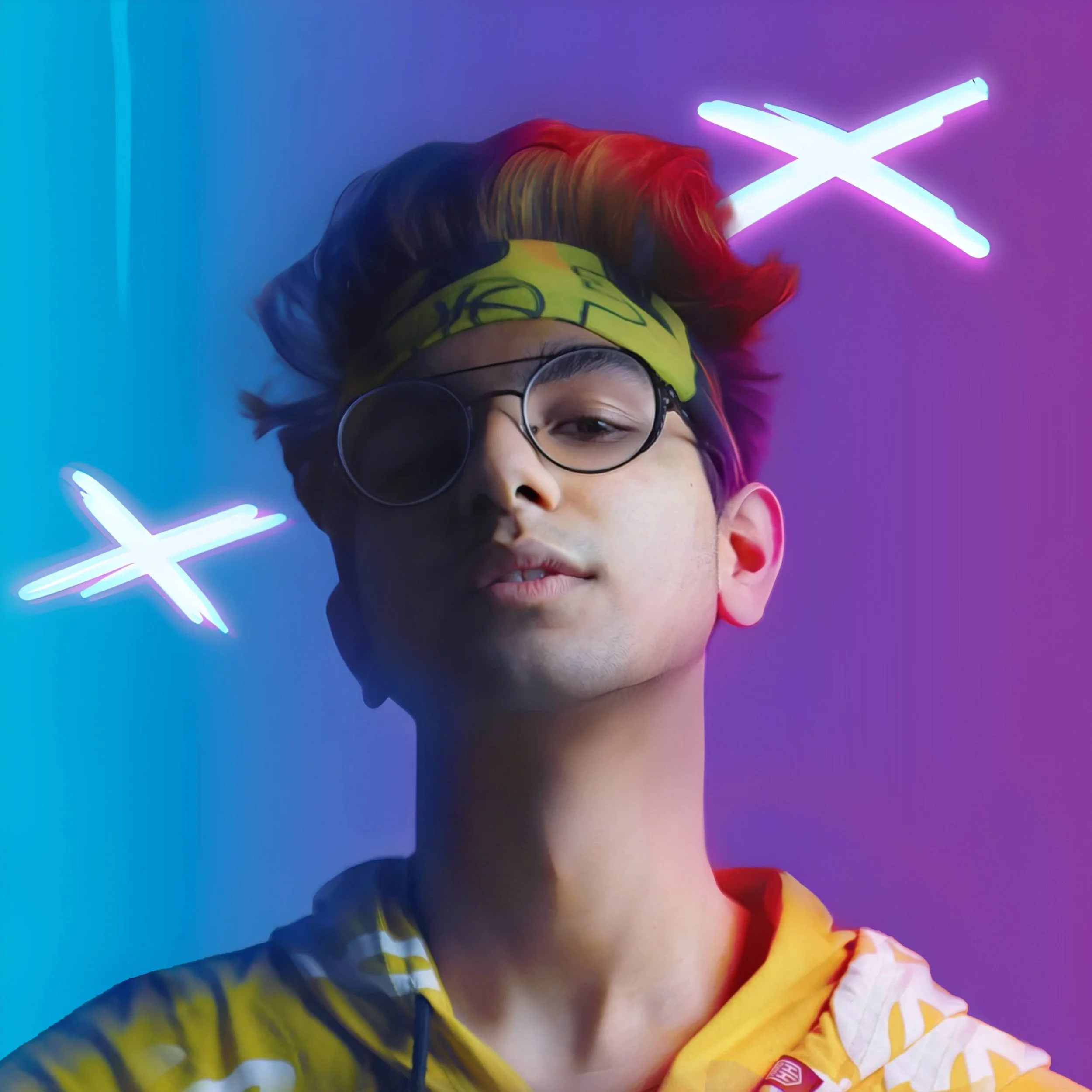 Young man with multicolored hair, wearing a yellow bandana and glasses, posing in front of a vibrant background with blue and purple neon lights.