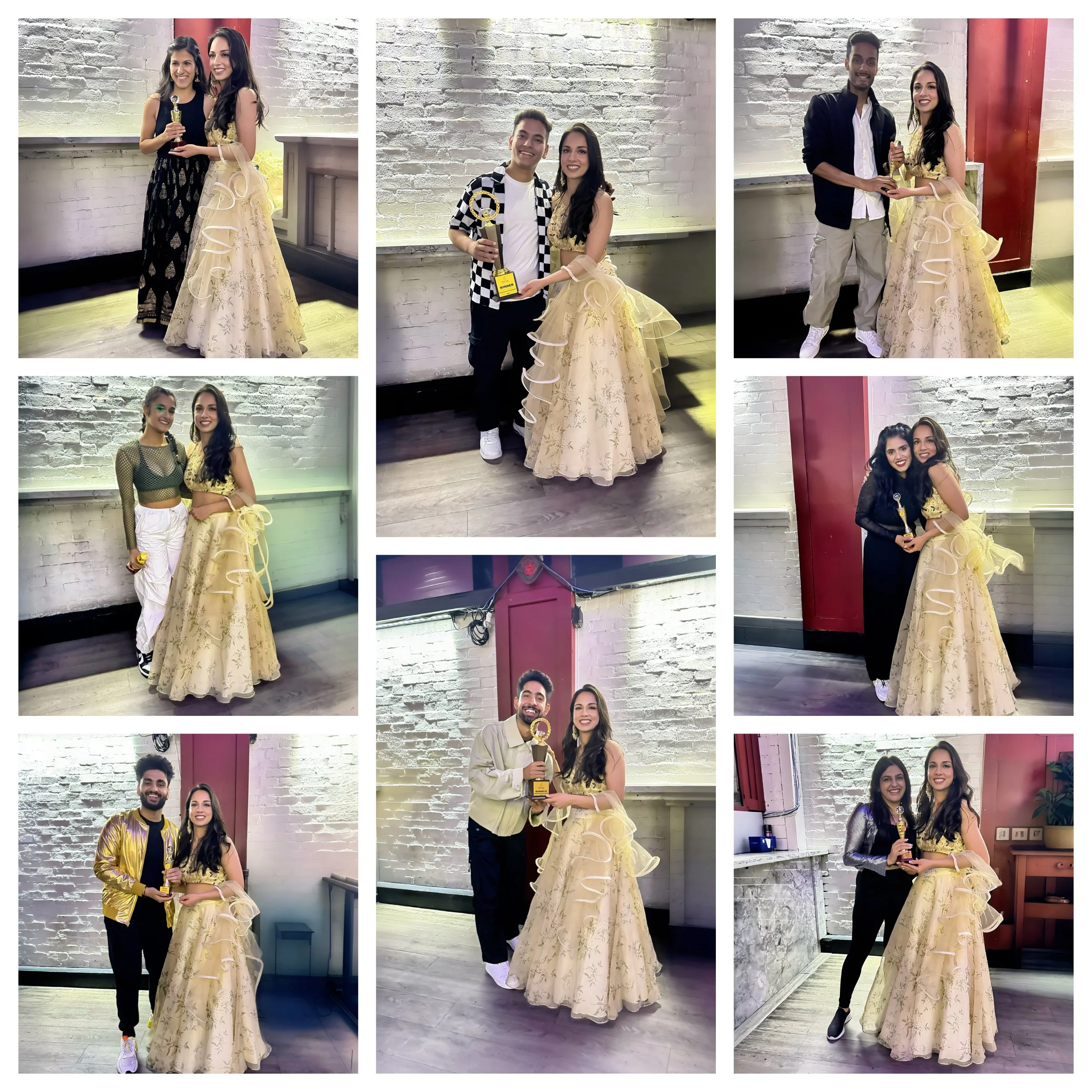 Multiple photos of a young woman in an elegant yellow gown at an award ceremony, receiving awards and posing with different people in various indoor settings with brick walls.