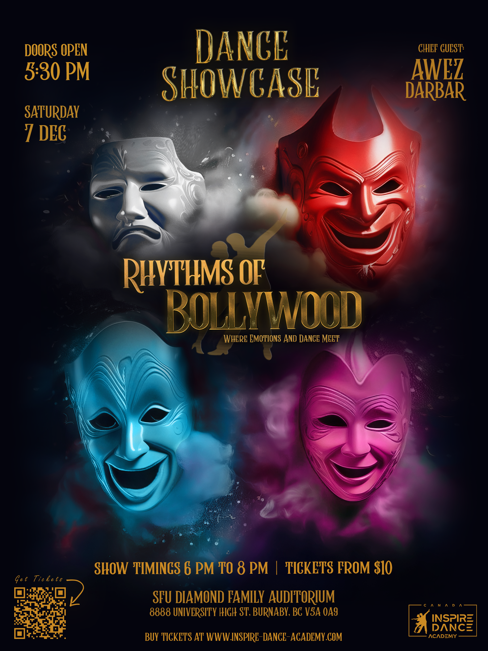 Poster for a dance showcase titled "Rhythms of Bollywood" with four colorful theatrical masks and event details including date, time, location, and ticket information.