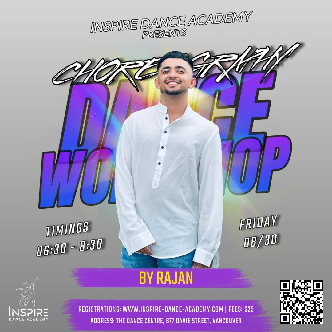 Promotional poster for a dance workshop titled "Choreographing Dance Workshop" presented by Inspire Dance Academy, featuring a smiling man in a white shirt, with event details including date, time, registration info, and location.