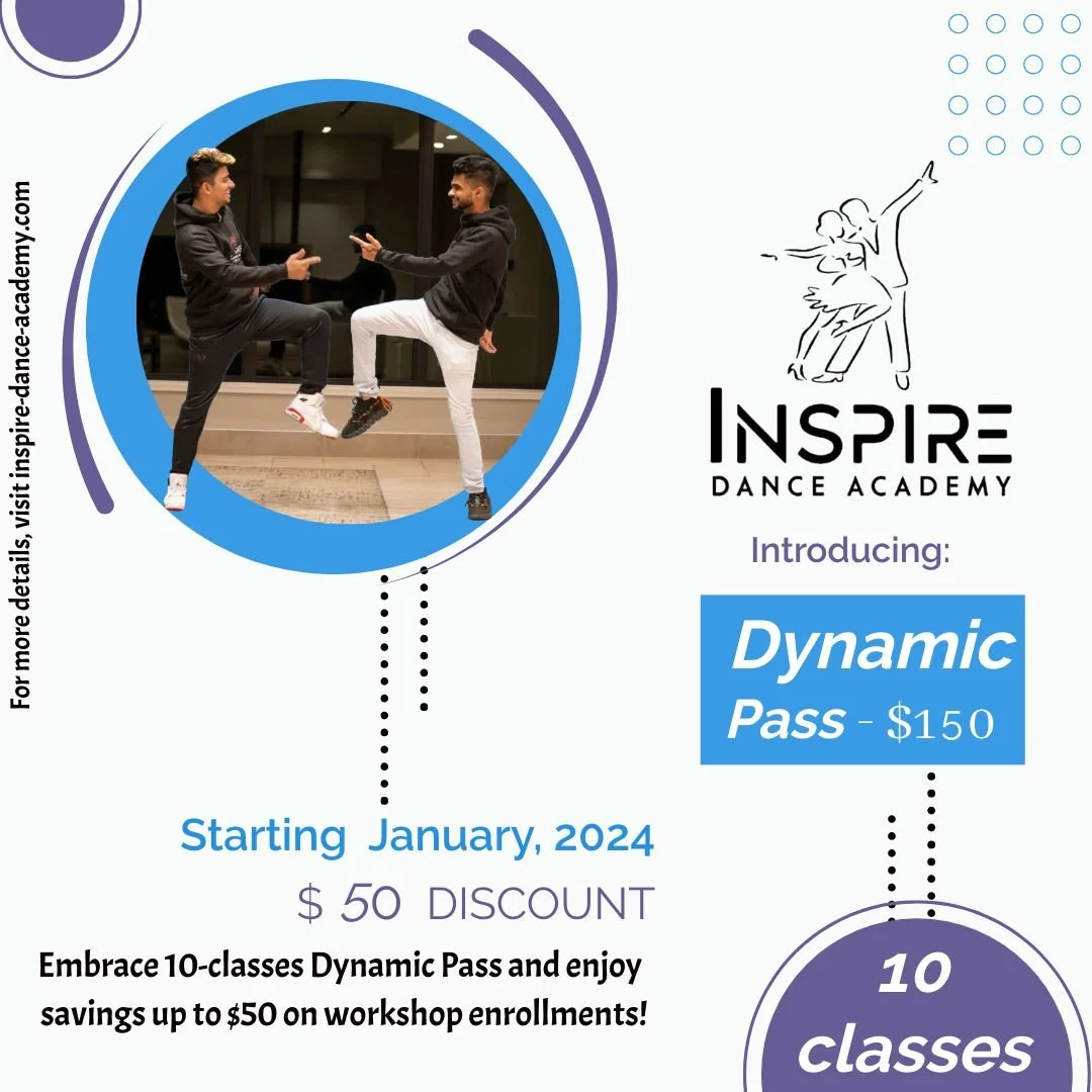 Promotional flyer for Inspire Dance Academy featuring two young men in black hoodies and white pants dancing, with the academy logo and details about a new Dynamic Pass starting January 2024, offering 10 dance classes for $150 with a $50 discount.