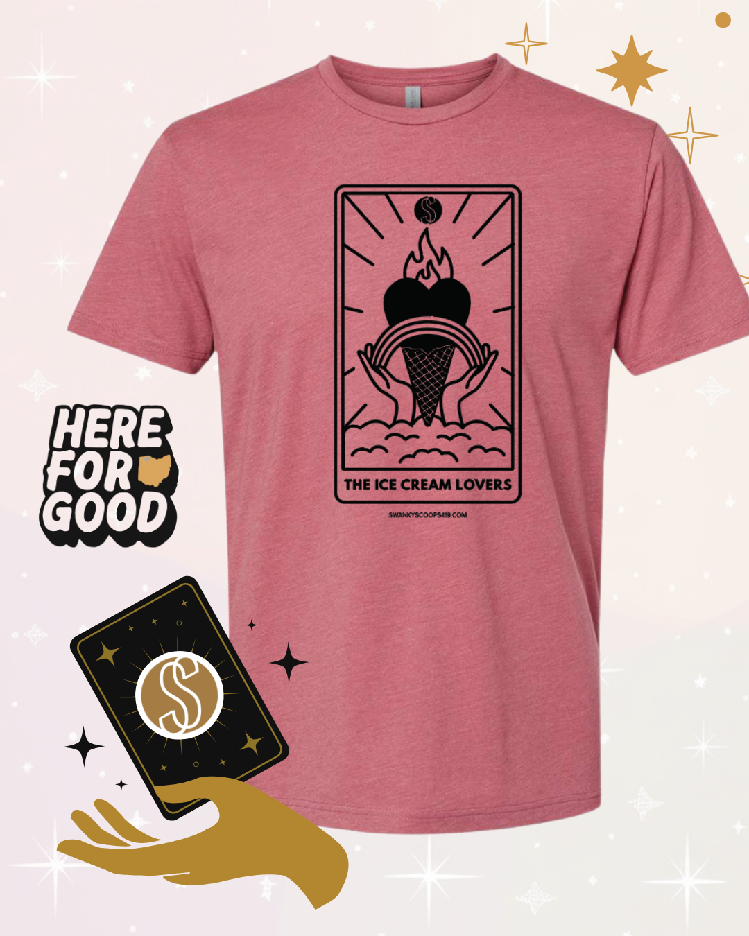 Swanky Scoops ice cream company limited edition 2026 t-shirt with Ice Cream Lovers tarot card now available through Jupmode - shown is the adult tshirt design in Strawberry with black ink.