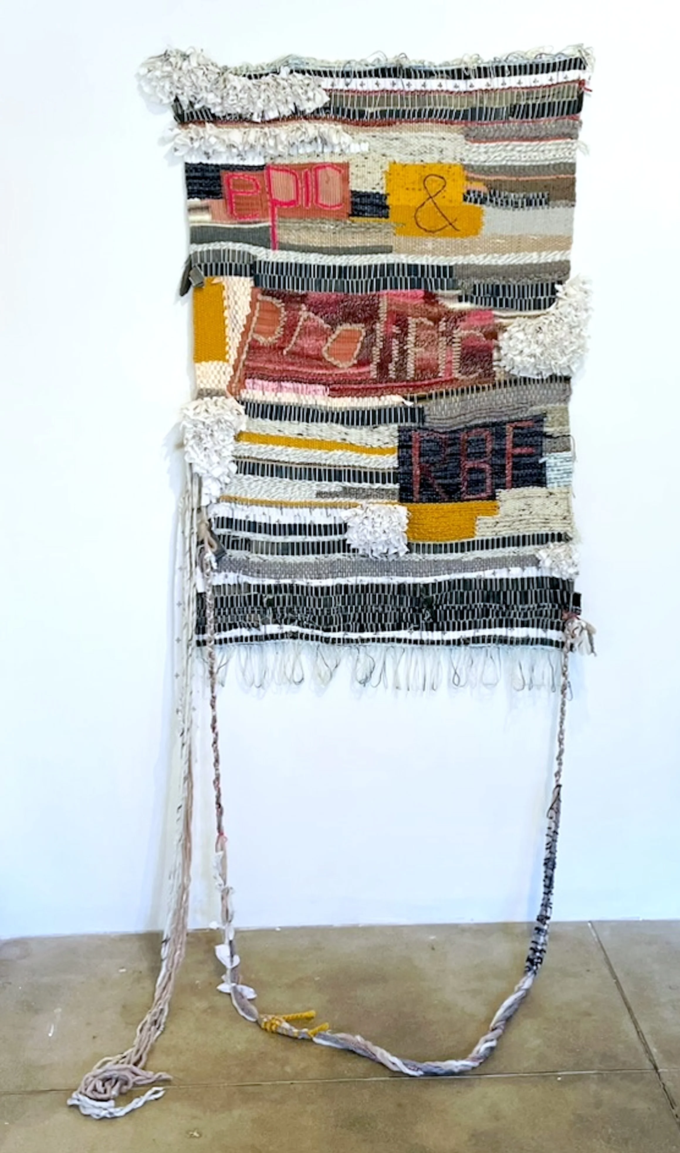The Compliment (Epic and Prolific RBF), 2024, cotton, jeans, wool, dyed kitchen string acrylic