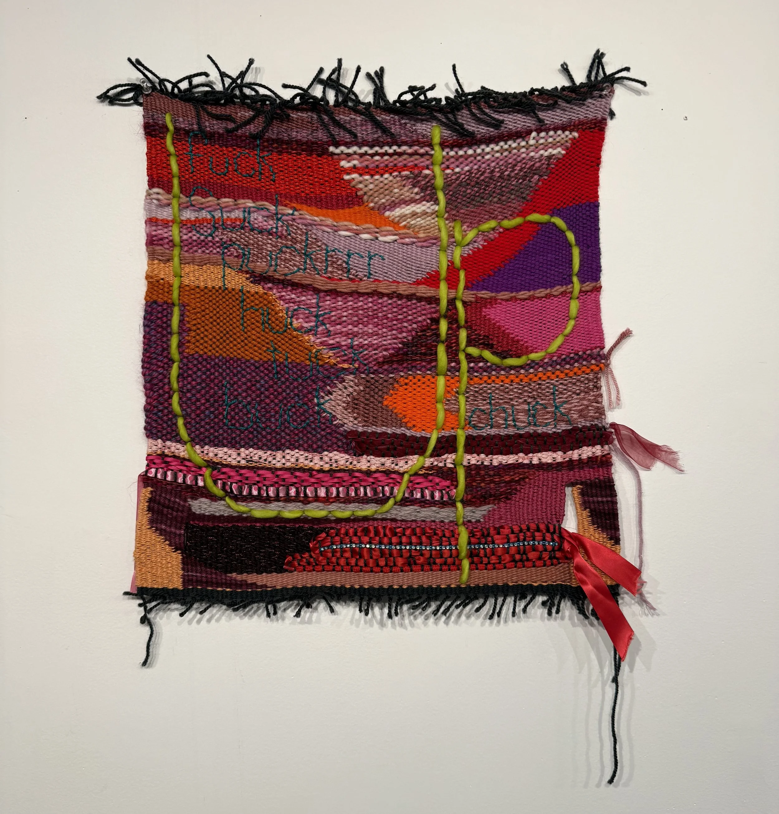 ‘Pucker UP’, 2024, wool, cotton, acrylic, sorted ribbons and trim, 17x19”