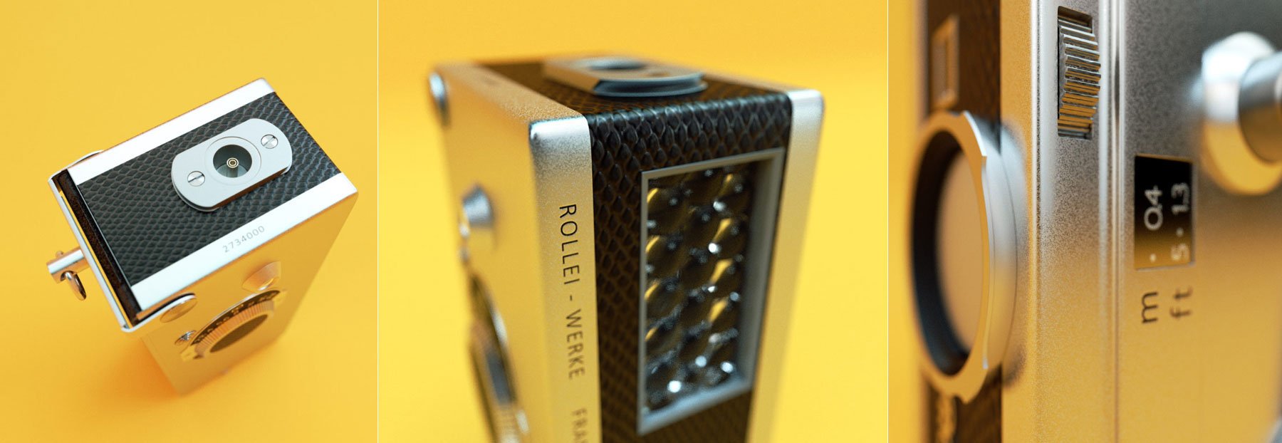 Close-up of a vintage Rolleiflex camera, showing its front, side, and top details against a yellow background.