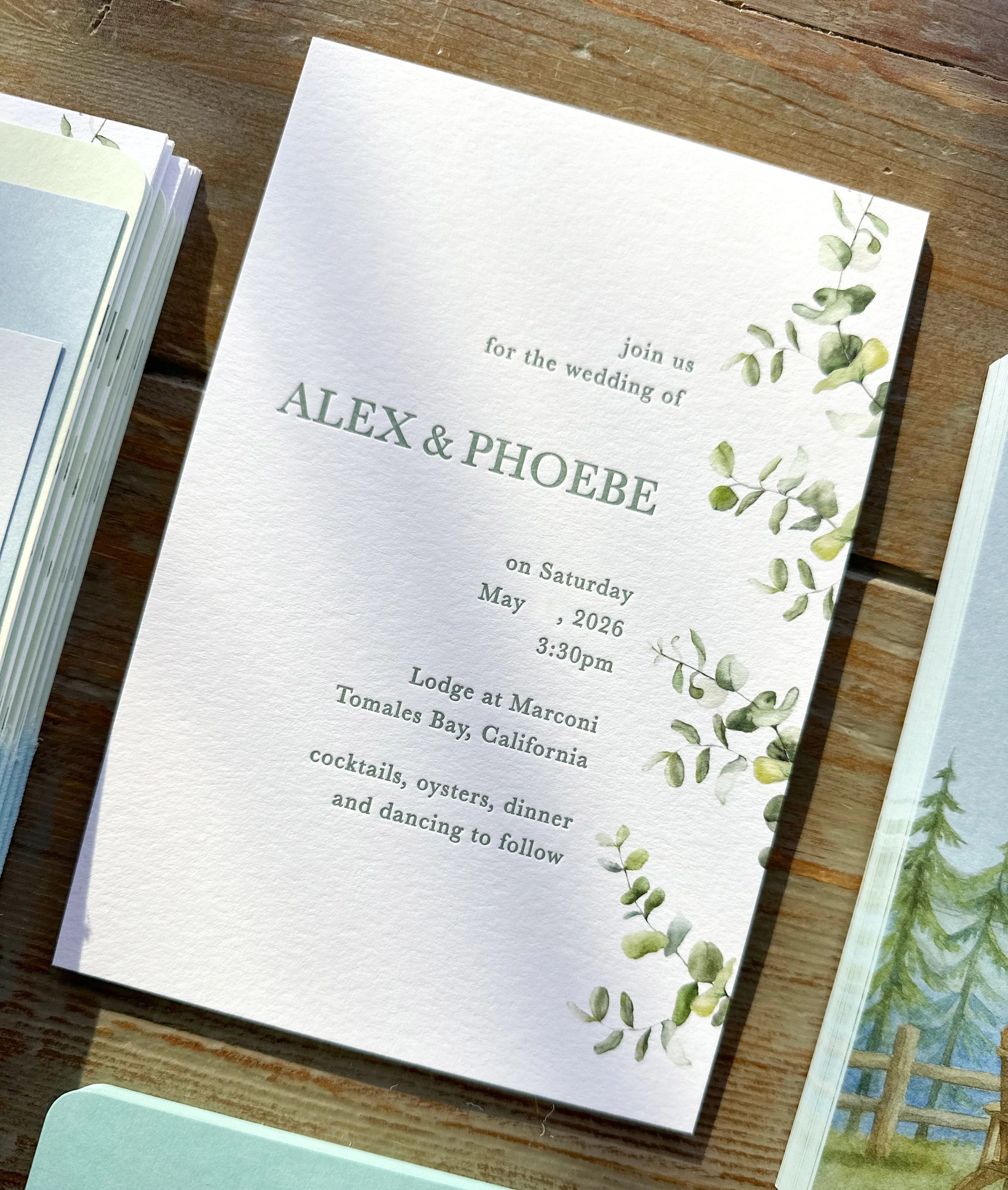 Custom wedding invitation by Say Hello featuring letterpress and digital printing, designed for a California coastal celebration.