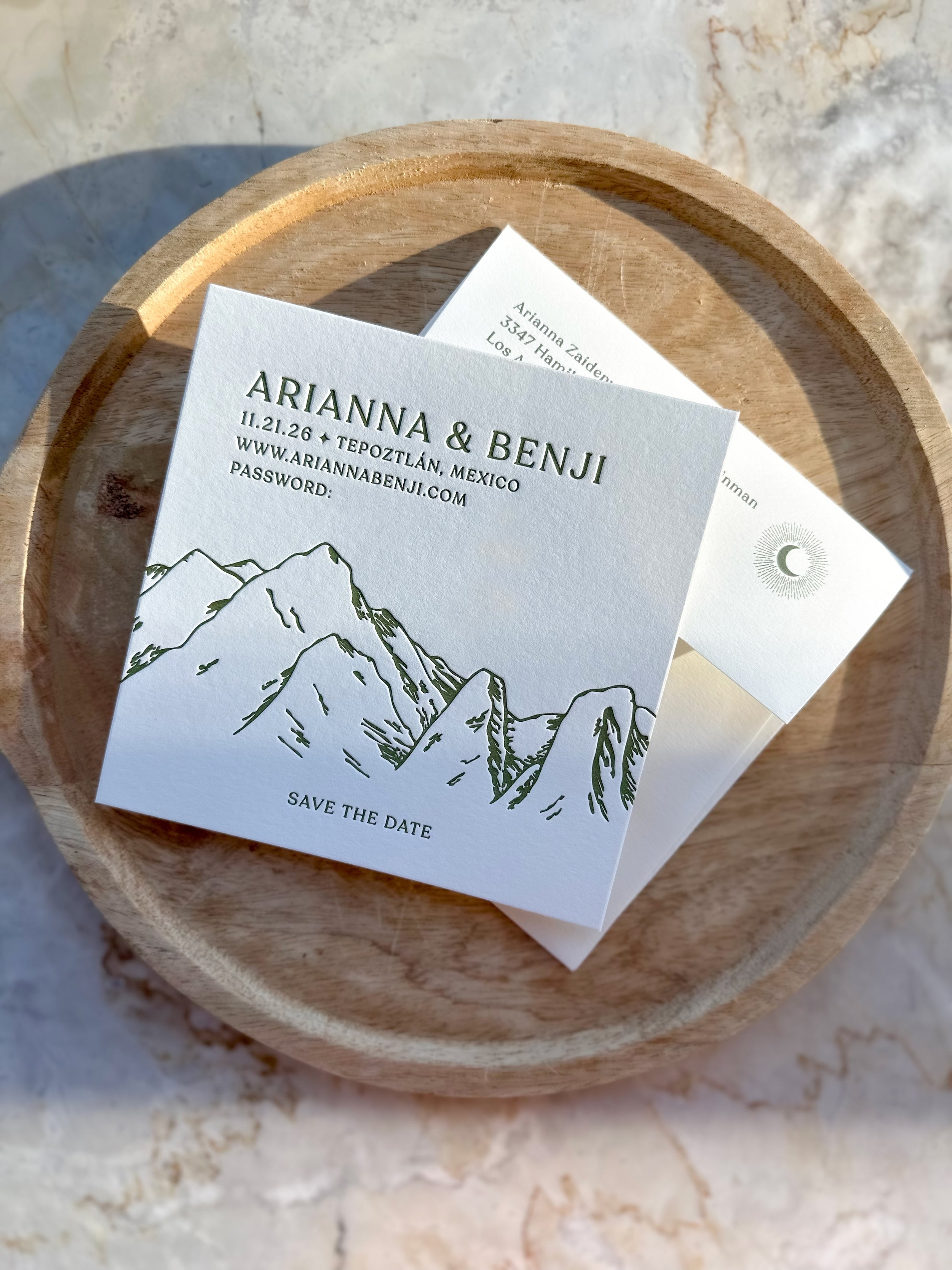 Custom save the date by Say Hello featuring a hand-drawn mountain illustration, styled for a nature-inspired wedding in Mexico.