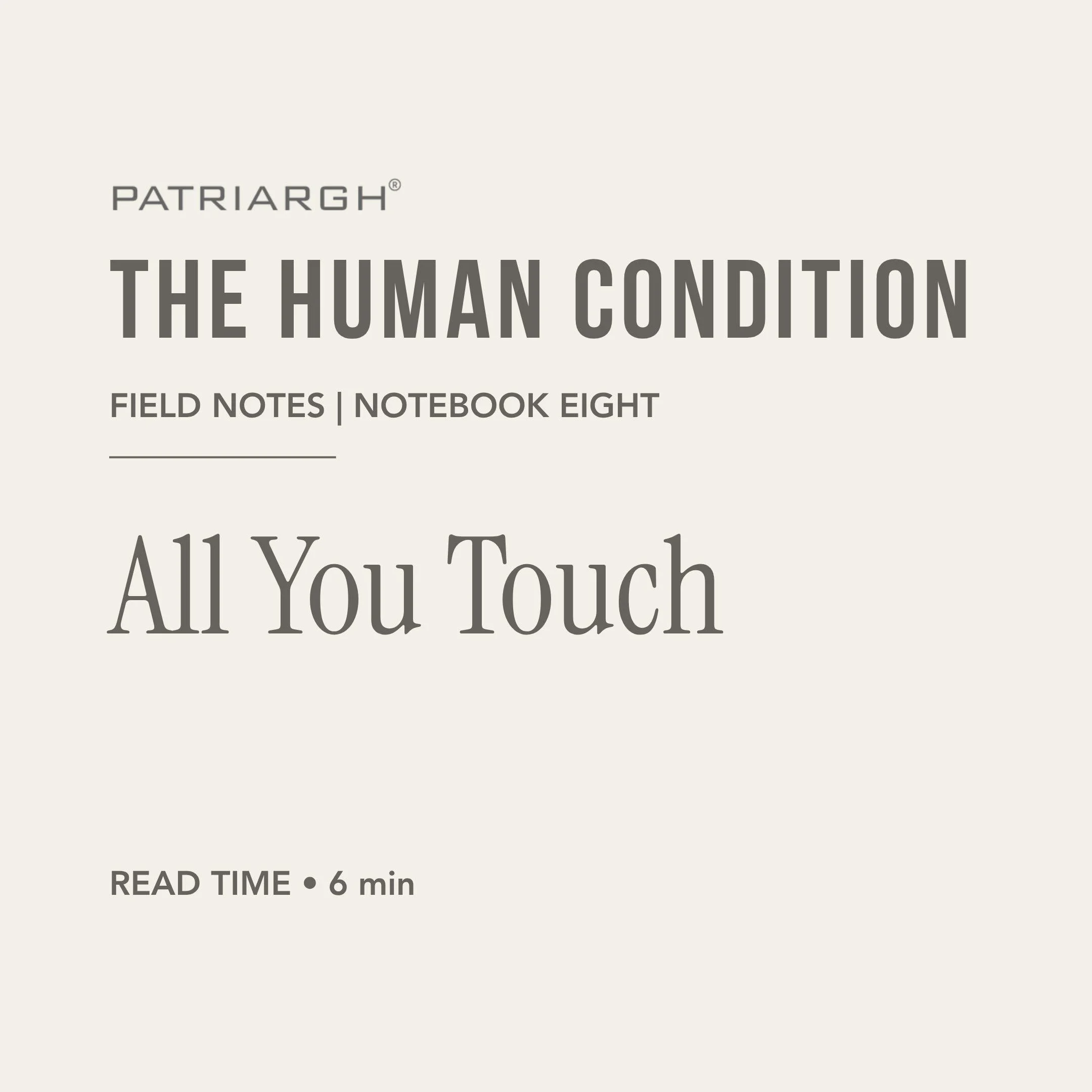 Title page of a notebook titled 'The Human Condition' with instructions to read time of six minutes, authored by Ally Tash.
