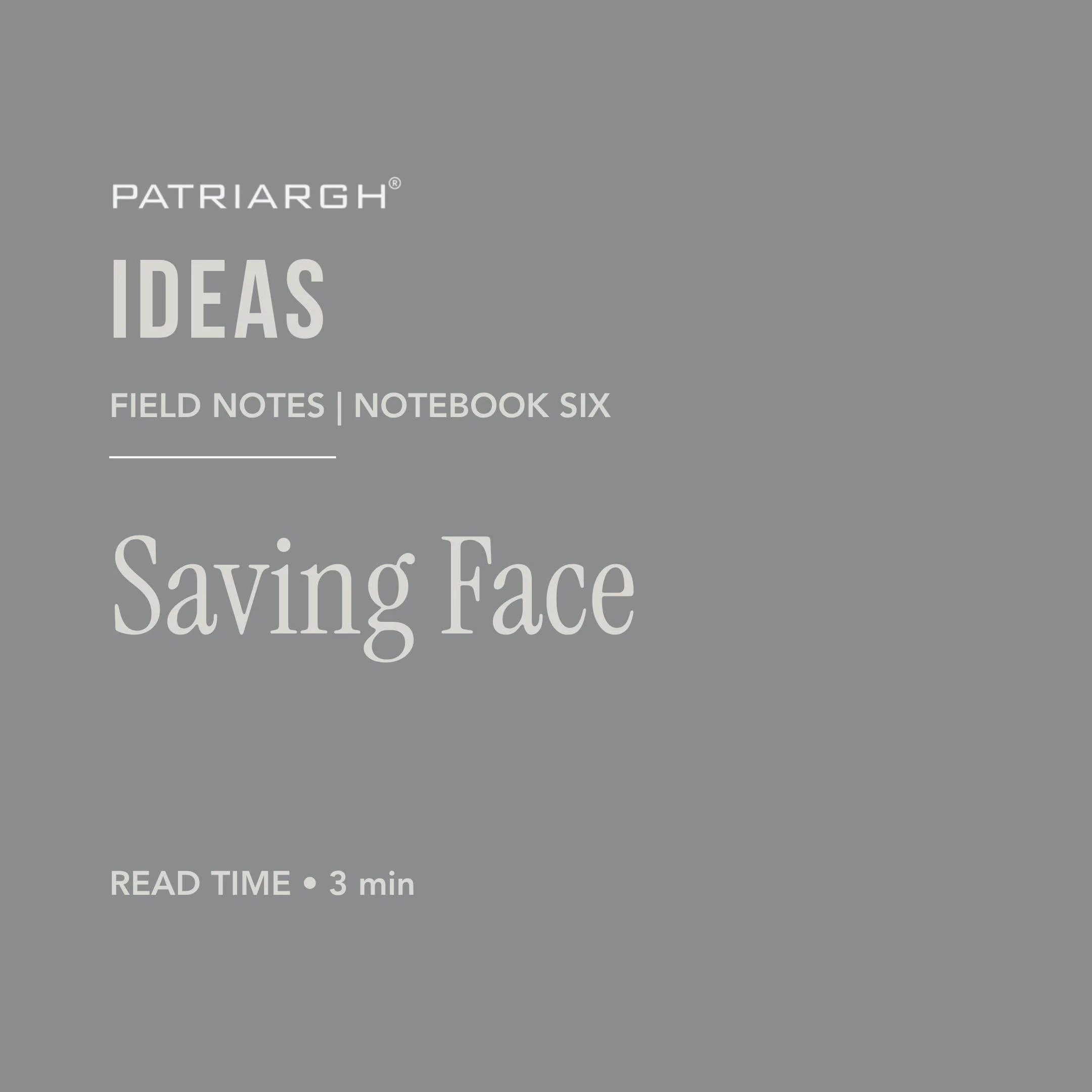 Cover page of a notebook titled 'Patriarch Ideas' with additional text indicating it is a field notes notebook six, meant for saving face, and includes a note about a 3-minute read time.