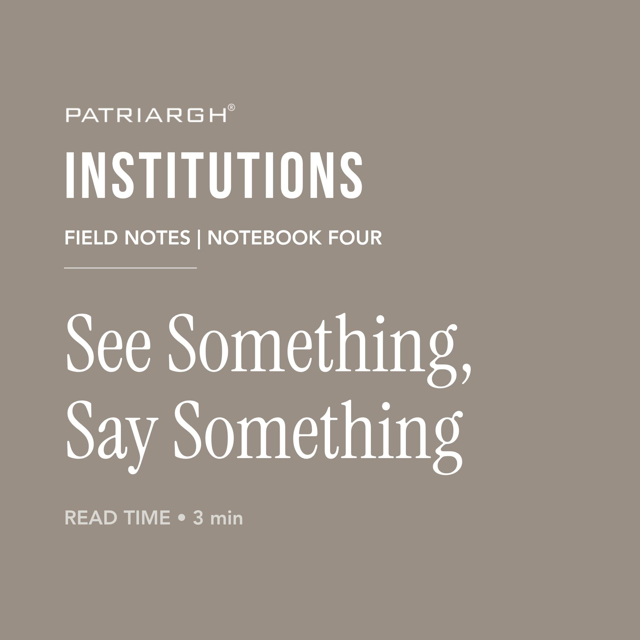 Book cover titled 'Institutions' by Patriargh, featuring subtitle 'Field Notes | Notebook Four' and additional text indicating a reading time of 3 minutes, with a background in muted beige color.