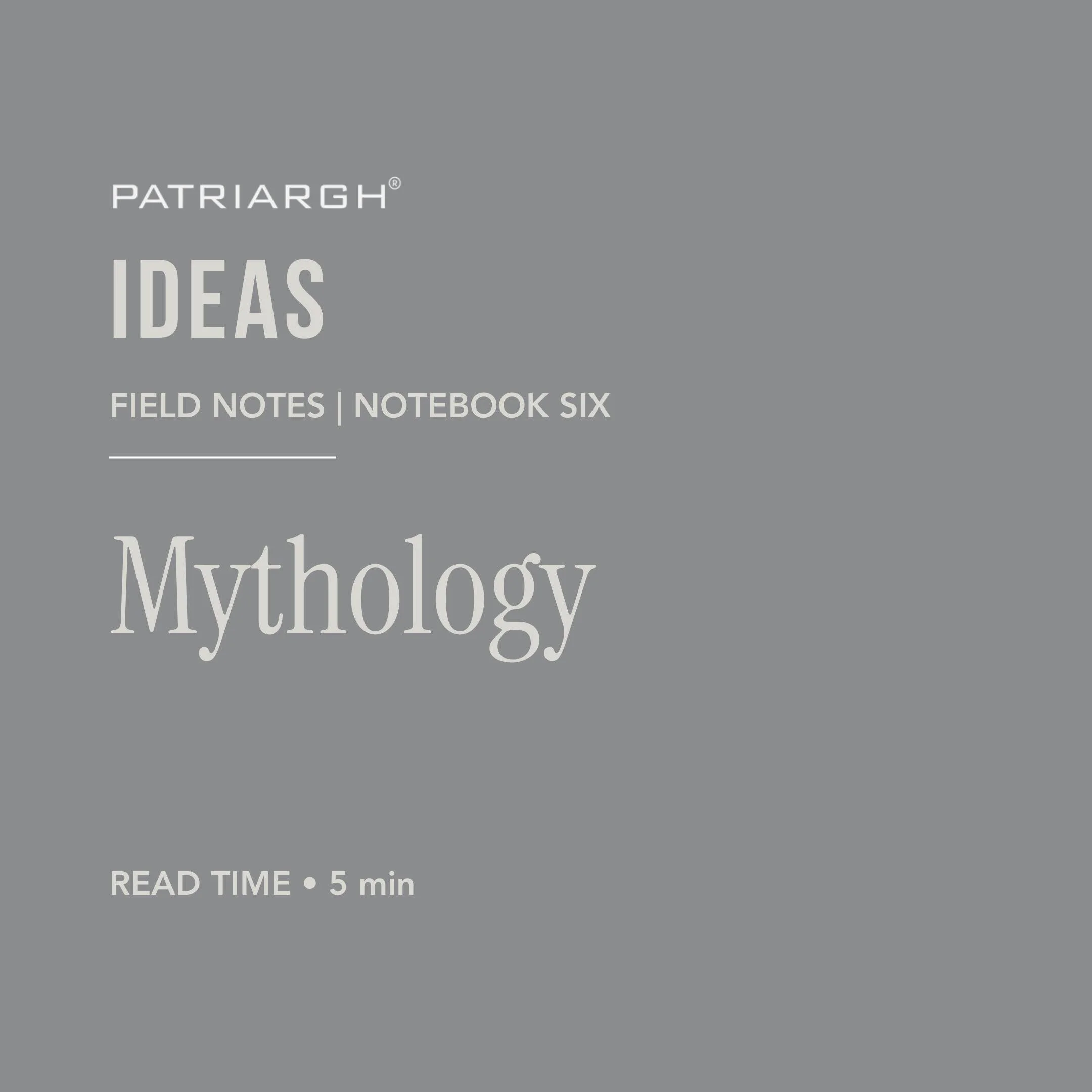 Cover of a notebook titled 'Patriarch Ideas' with additional text indicating it contains field notes, is notebook six, and has a reading time of 5 minutes, all on a gray background.
