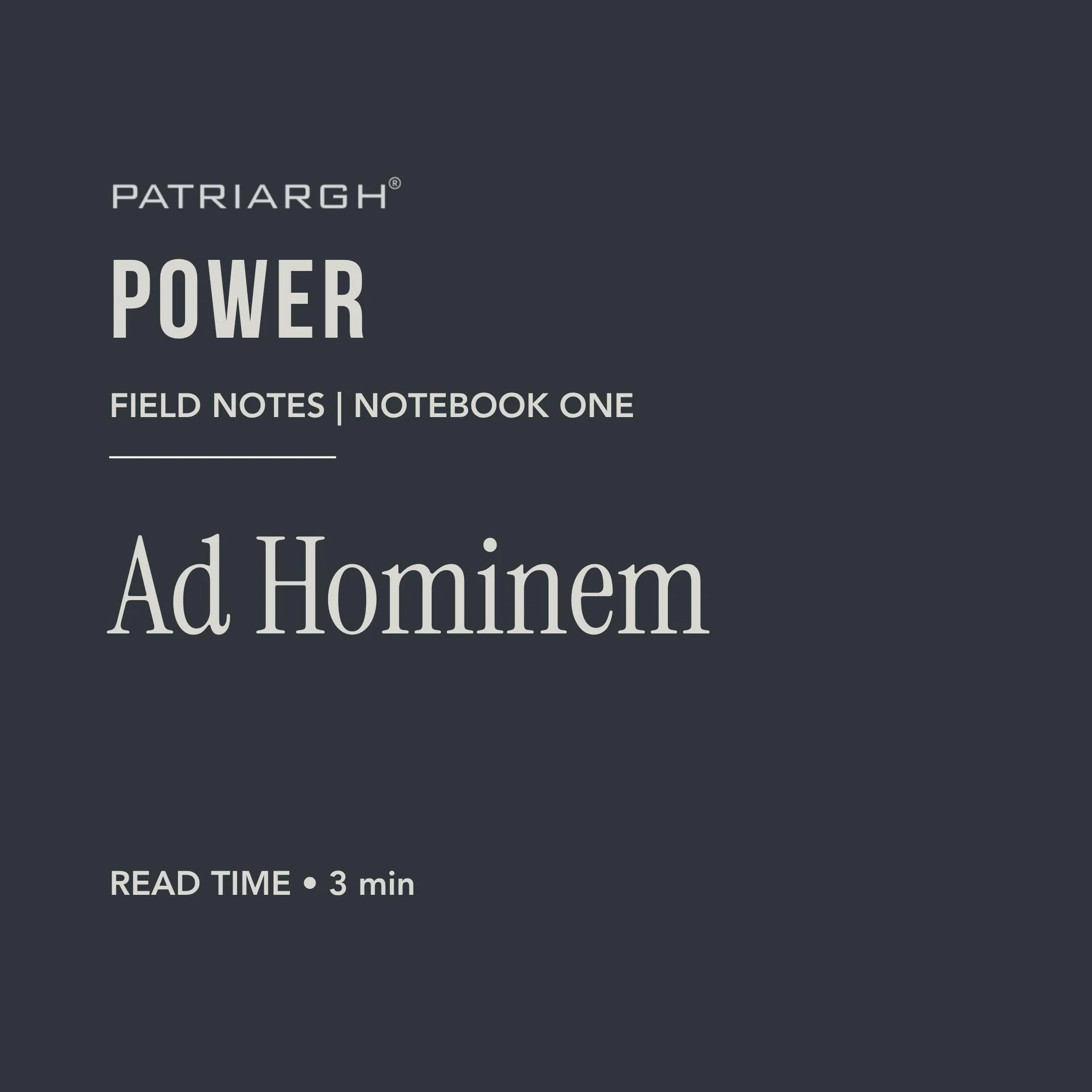 Cover page of a notebook titled 'Power' by Patriargh, with additional text indicating 'Field Notes | Notebook One' and an estimated reading time of 3 minutes.