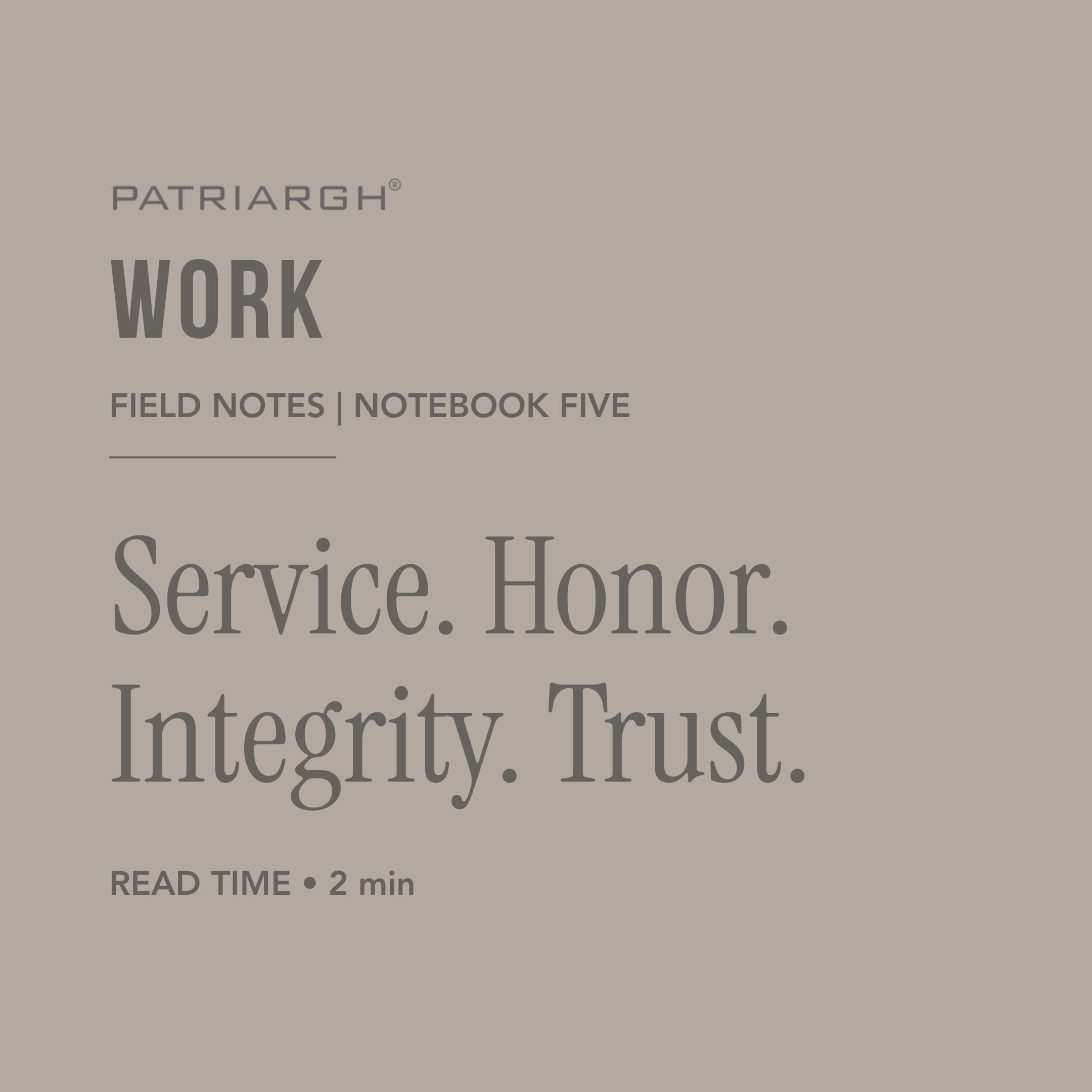 A digital screen displaying a message titled 'Patriarch Work,' with additional text about field notes, notebook five, service honor, integrity, trust, and a reading time of 2 minutes.