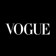 Vogue magazine logo in white text on a black background.