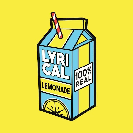 A cartoon-style illustration of a blue lemonade carton with a straw, labeled "Lyrical Lemonade," on a yellow background.