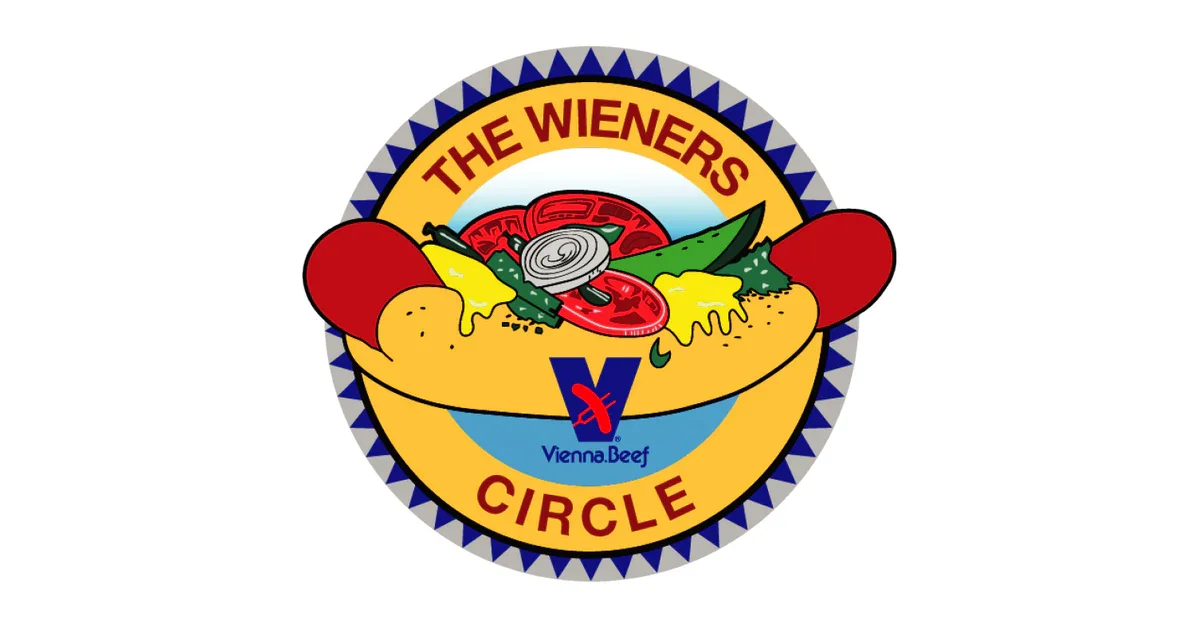 Logo for The Wieners Circle featuring a hot dog with various toppings, the Vienna Beef logo, and text.