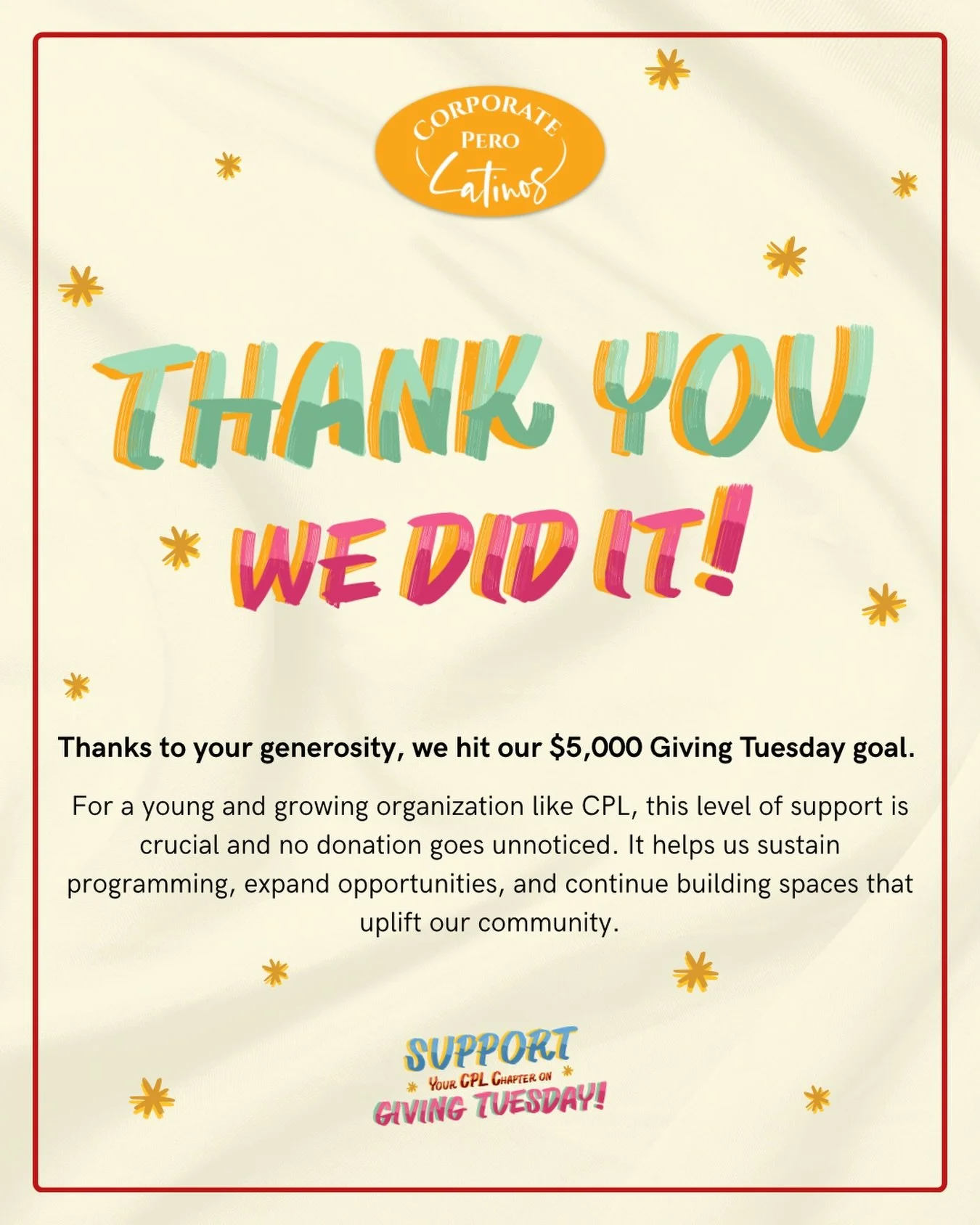 You all are the best! 💛

Congrats to @cpl_nyc for meeting their goal first to win the $1,000 match and then increasing the chapter goal to keep the momentum going. You really showed up yesterday. 👏🏽

Special thanks to the companies that will be ma