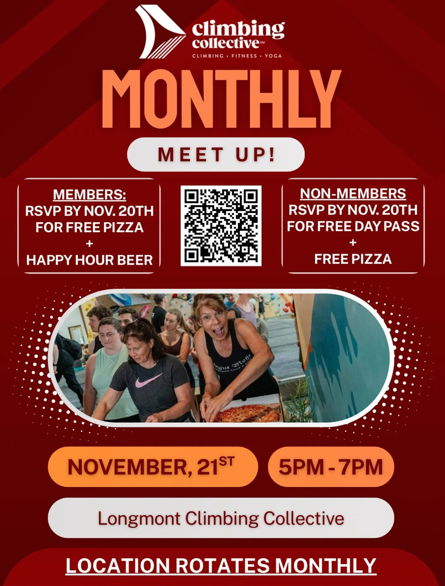 Longmont Meetup! Friday, November 21st

Would you like your Friday to involve :
1. Climbing
2. Eating Pizza
3. Drinking Beer
4. Being happy
Members&mdash;RSVP and stop by for free pizza!
Non-members&mdash;RSVP by November 20&nbsp;and receive&nbsp;a f