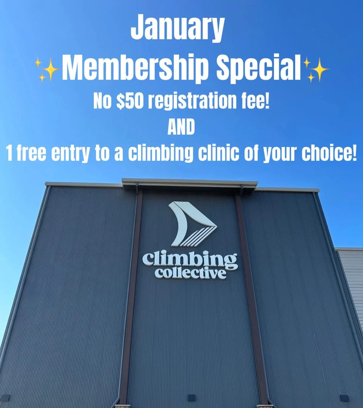 Ready to start the year strong? 🧗&zwj;♀️✨

Join during our January Membership Special and avoid the $50 registration fee&mdash;on us!

We&rsquo;re also throwing in one free climbing clinic:
Intro to Climbing, Intro to Bouldering, or Belay Basics.

A