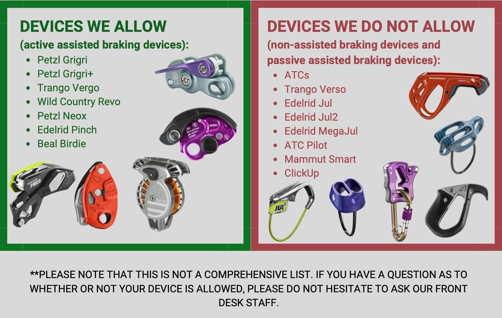 Greetings, 

We are moving to an Active Assisted Braking Device policy for all belayers. Many gyms around the country have this policy, and we believe now is the time to move in this direction as well. PLEASE NOTE, if you do not have one of the allow
