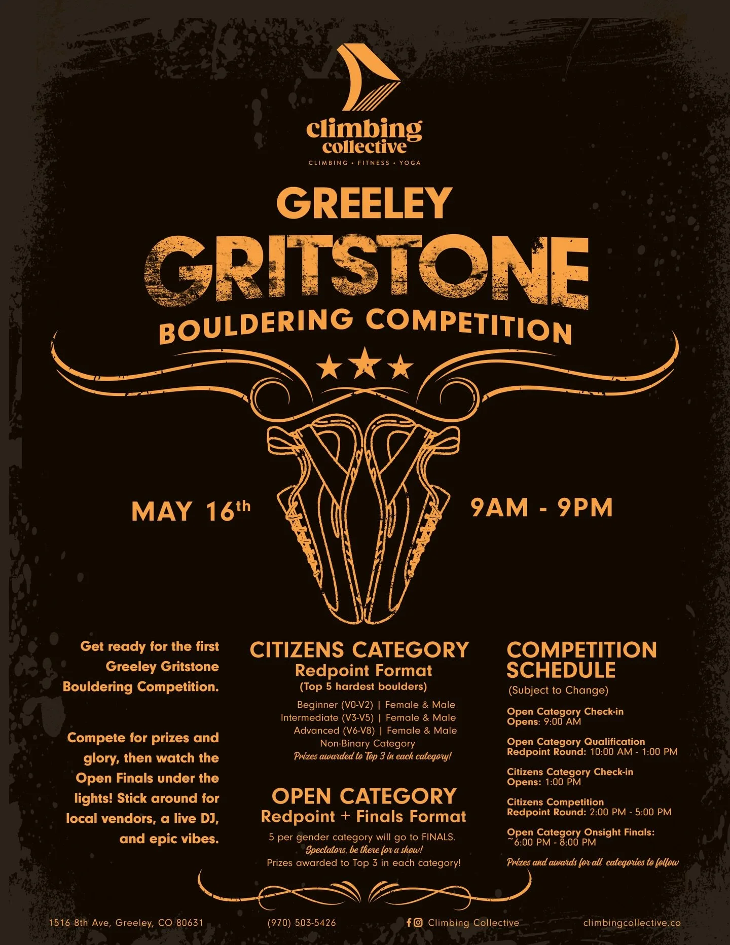The moment we&rsquo;ve all been waiting for!! 🔥🧗&zwj;♀️
Join us for the FIRST Annual Greeley Gritstone Bouldering Competition and throw down for prizes, glory, and ultimate bragging rights 💪

Climb hard all day, then stick around for an electrifyi