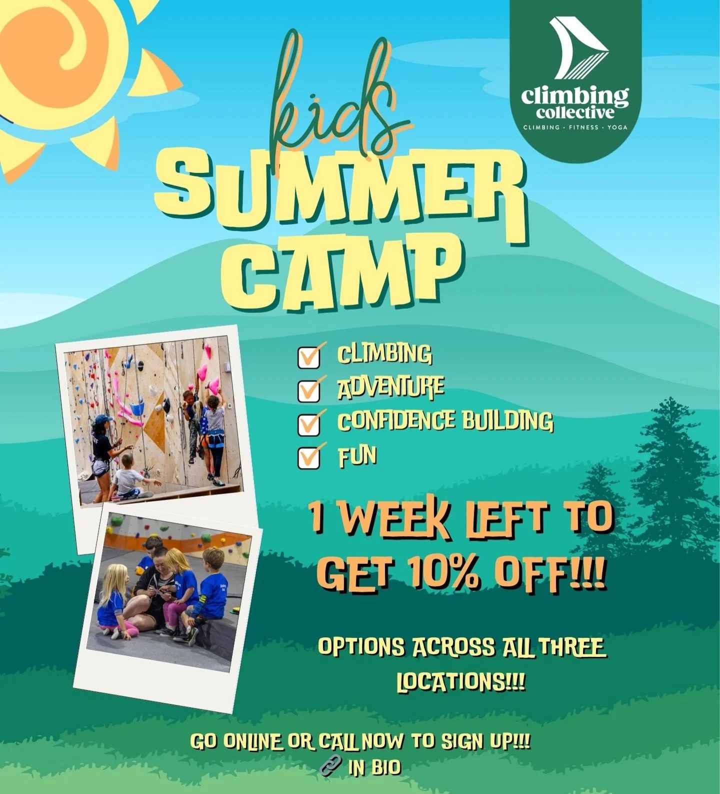 ⏰✨ Last chance for Early Bird savings! ✨⏰

Only 7 days left to lock in 10% off Climbing Collective Summer Camps 🧗☀️

If you&rsquo;ve been thinking about signing your child up, now is the time. Our camps are filling fast, and this is the best deal of