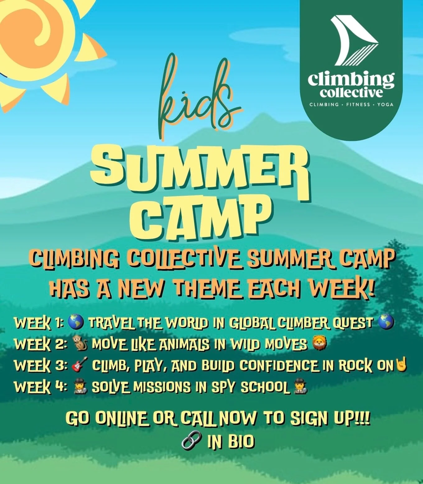 Every week is a new adventure at Climbing Collective Summer Camps☀️🏕️

Travel the world in Global Climber Quest 🌎
Move like animals in Wild Moves 🦁🐒
Climb, play, and build confidence in Rock On 🎸🤘
Take on secret missions in Spy School 🕵️&zwj;♀