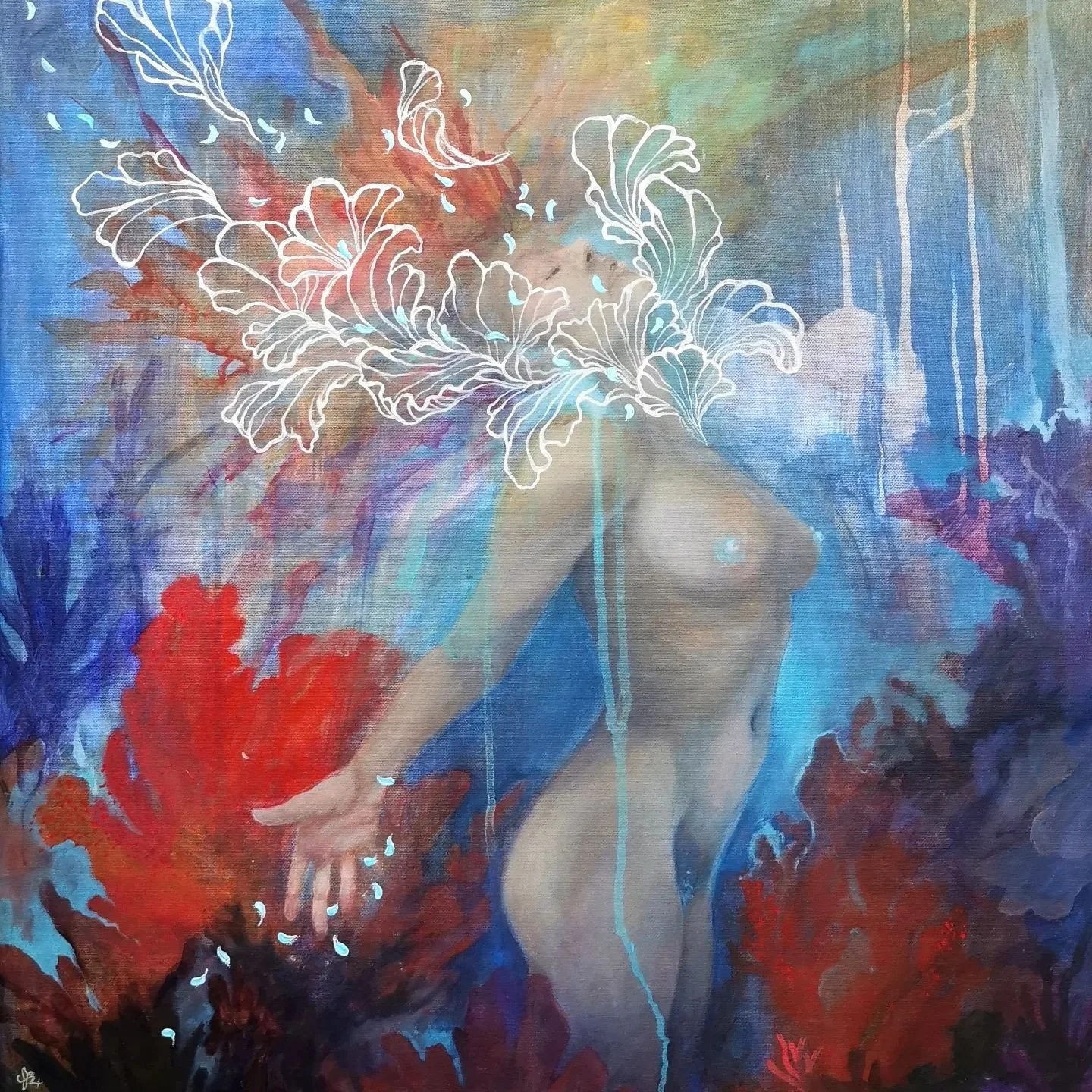 'Rapture', 2024
Acrylic on Canvas,
60 x 60 cm

Continuing with a body of work about the divine stages of creation, 'Rapture' is special to me because it was conceptualised and drafted in 2023, painted while I was pregnant, but finished with new direc
