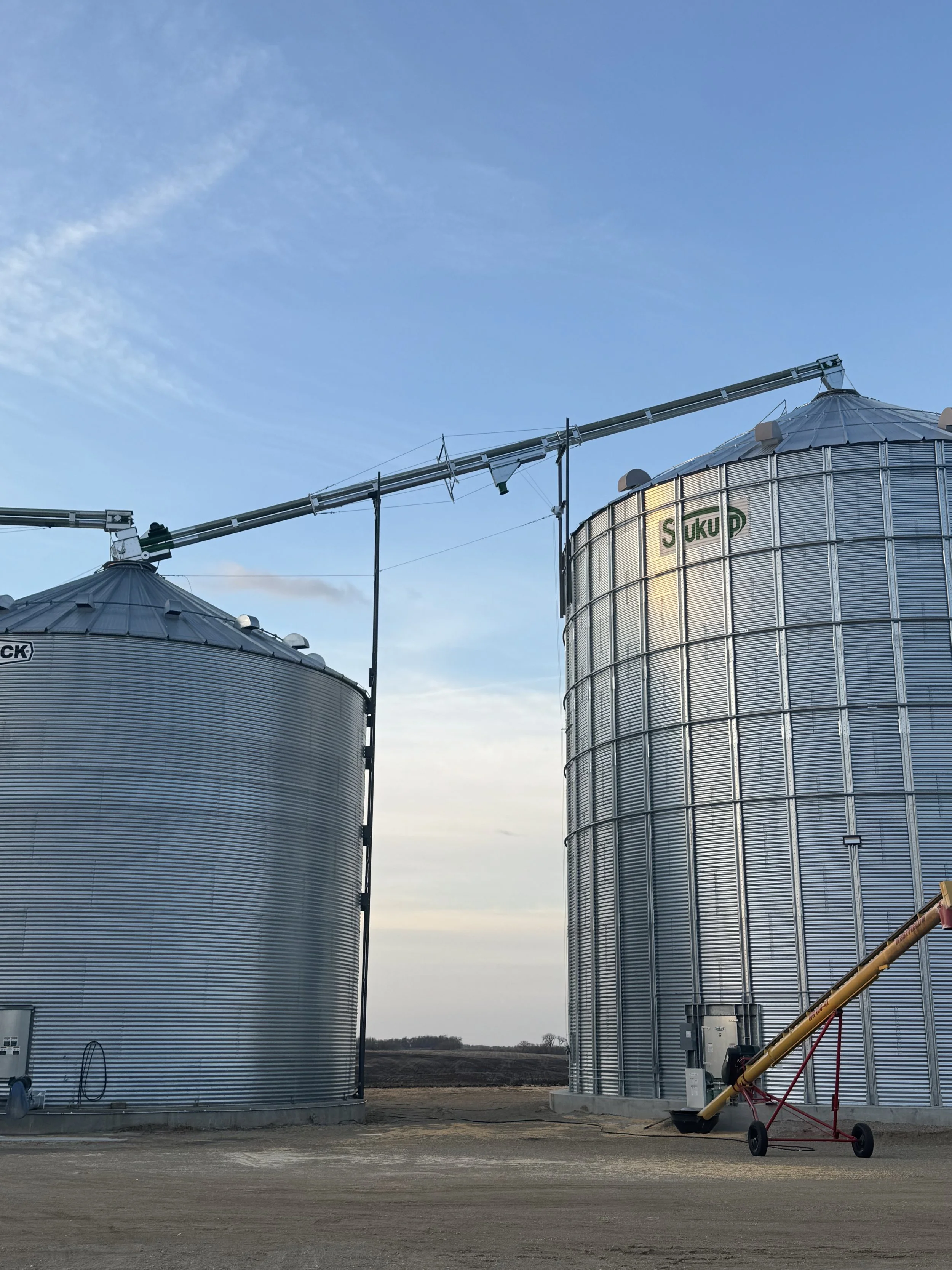 Two large metal grain silos on a farm, with a conveyor system connecting them under a blue sky.