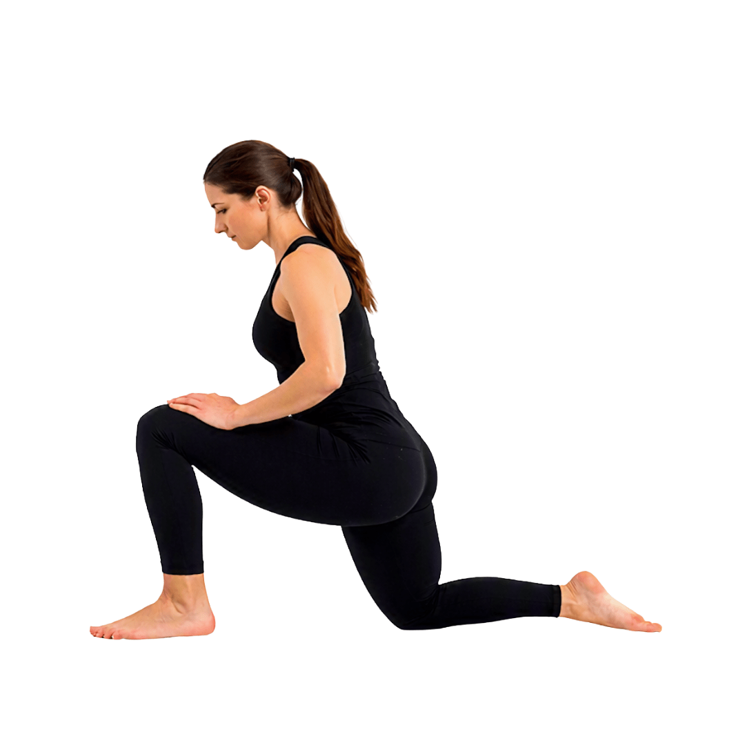 Woman doing Half-kneeling Ankle Rocks, in a kneeling position with hands on knee, showing ankle mobility and flexibility.