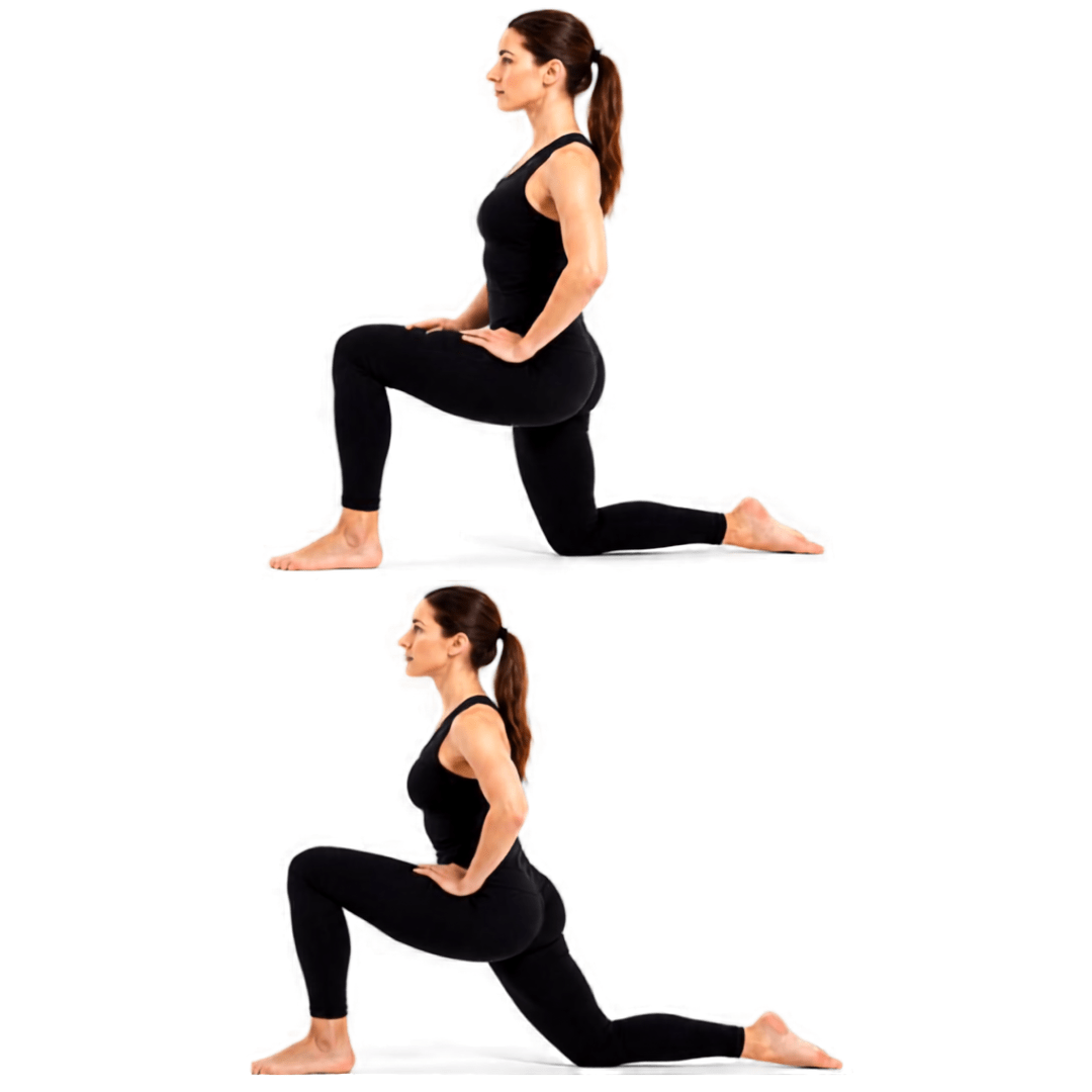 Woman doing Hip Flexor Mobility exercise in a kneeling lunge, wearing black athletic wear, showing hip flexibility and mobility.